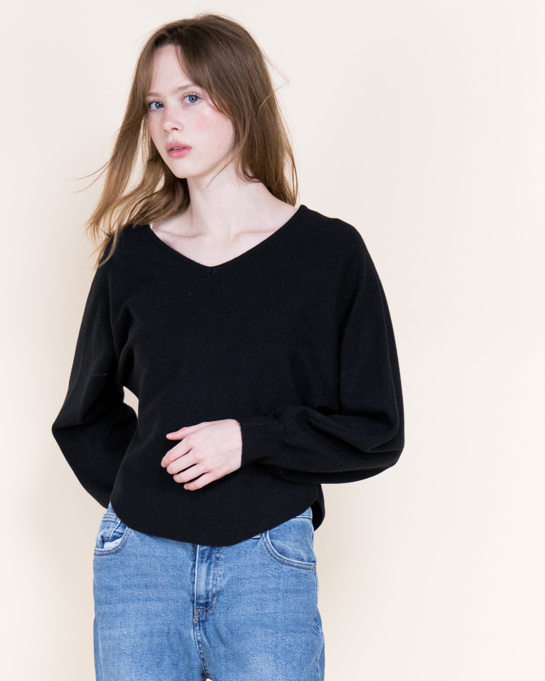 Milano Soft Drape Horizontal Ribbed V-Neck Sweater-BLACK (S/M, L/XL) (Pack of 6)