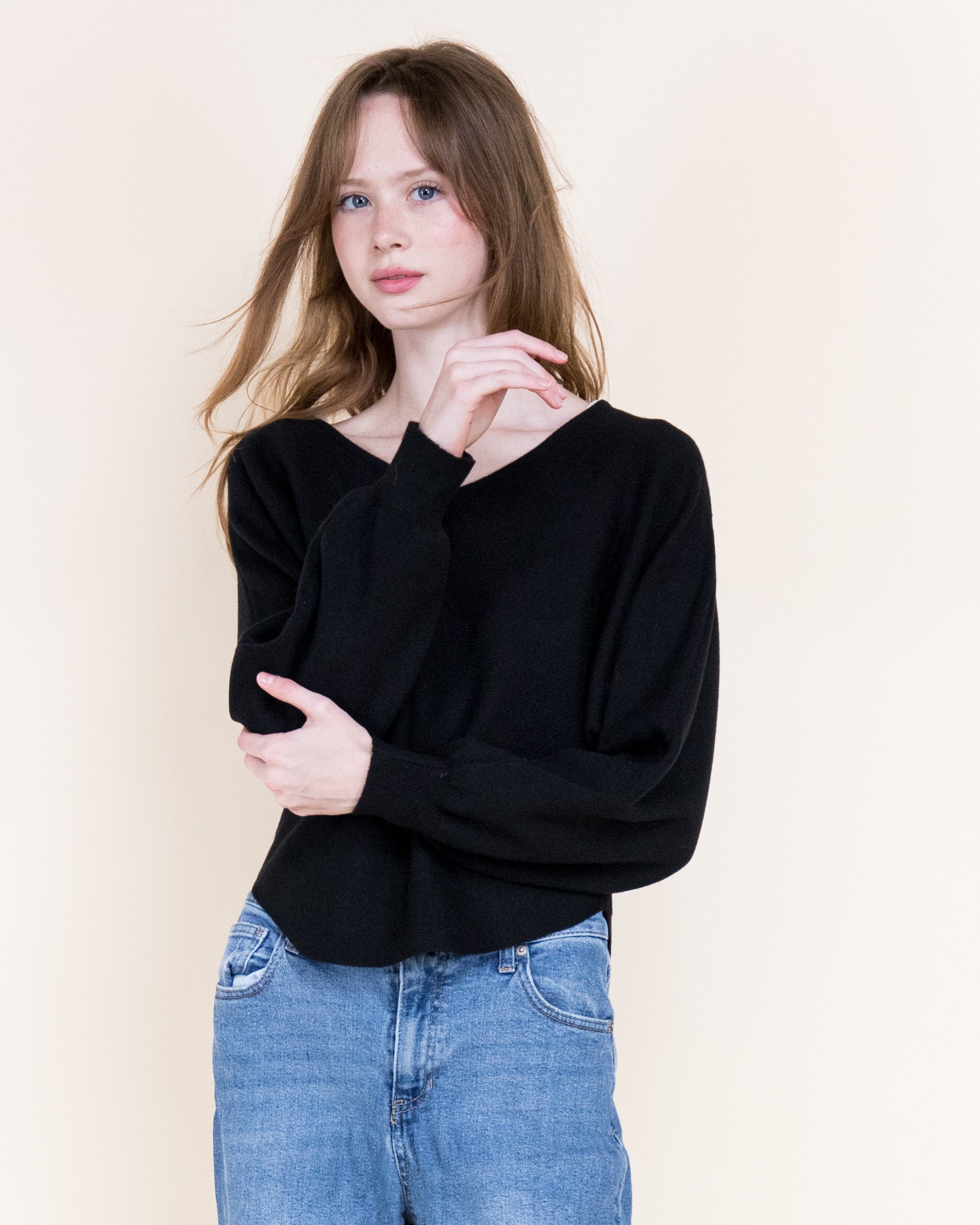 Milano Soft Drape Horizontal Ribbed V-Neck Sweater-BLACK (S/M, L/XL) (Pack of 6)