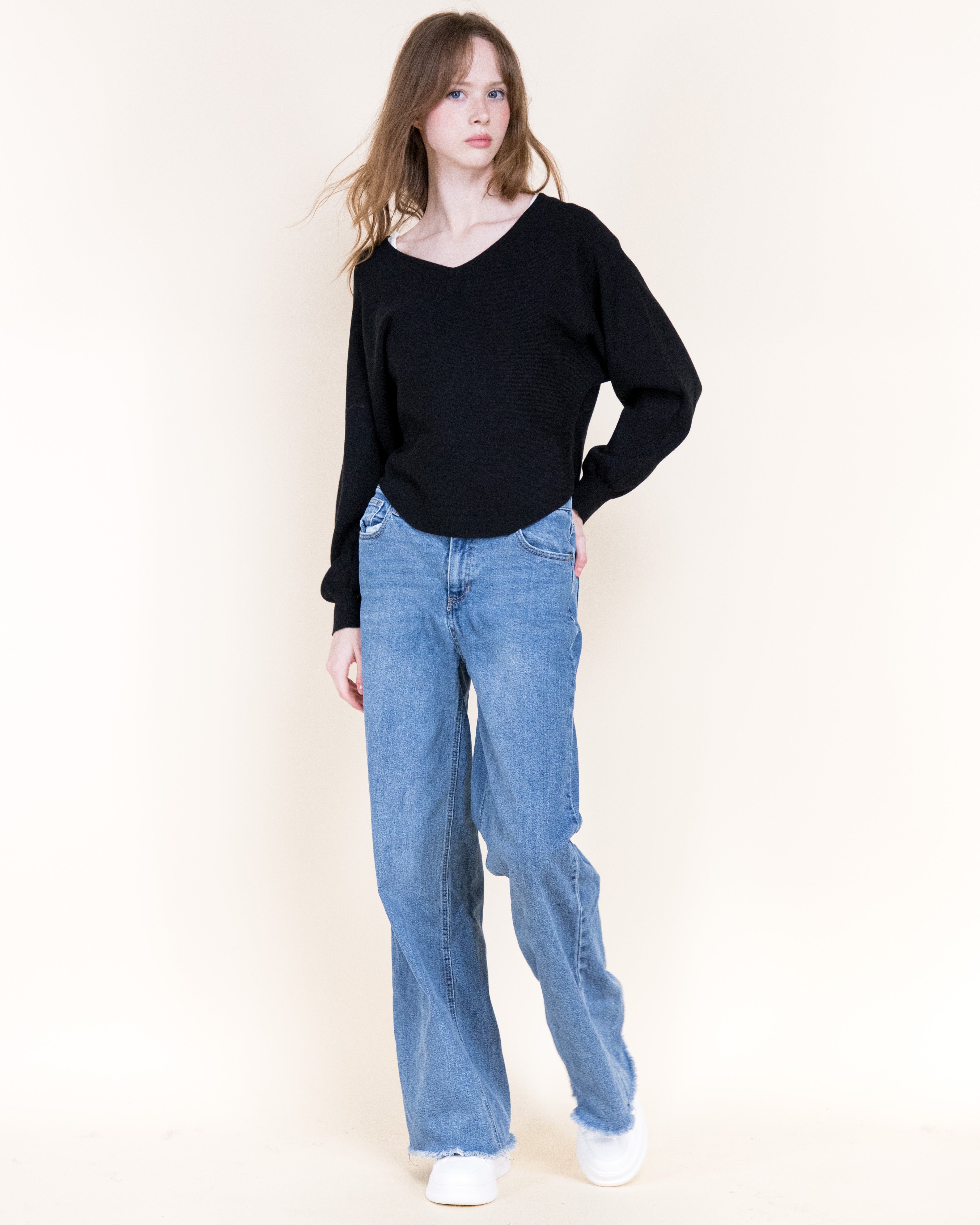Milano Soft Drape Horizontal Ribbed V-Neck Sweater-BLACK (S/M, L/XL) (Pack of 6)