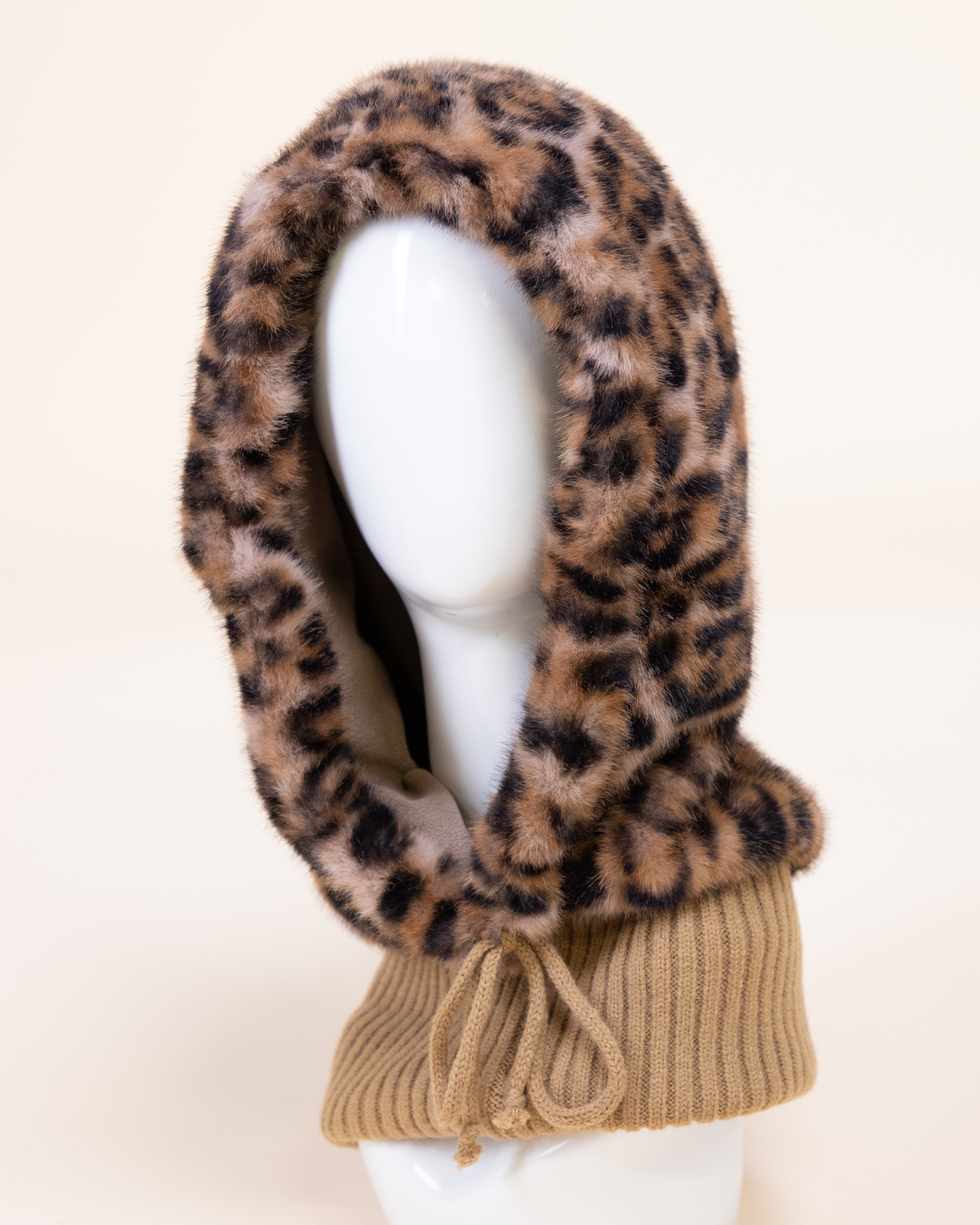 Leopard Belle 2-in-1 Vegan Fur Hood Scarf - BROWN (Pack of 6)