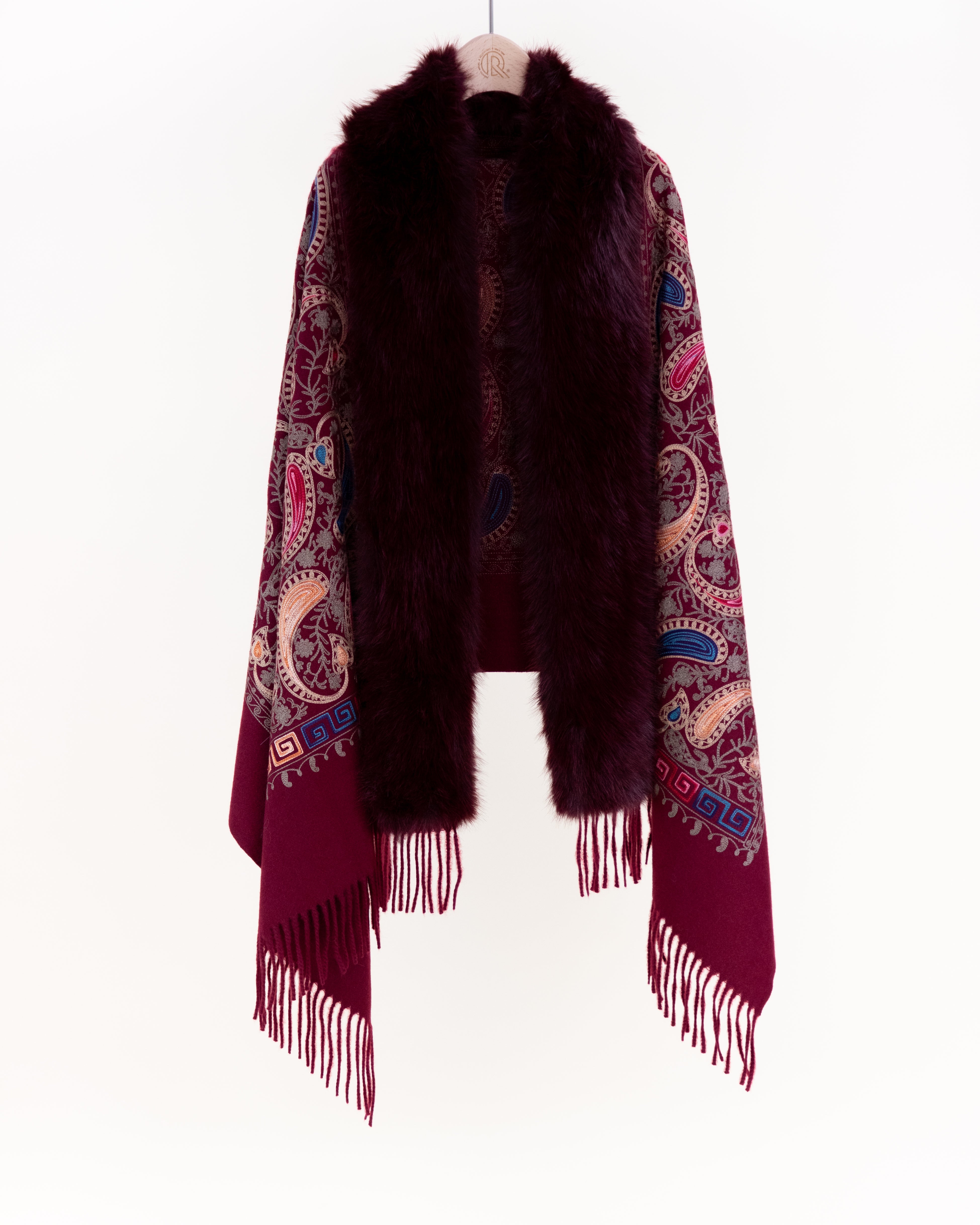 Embroidered Baroque Paisley Faux Fur Edge Scarf - BURGUNDY (Pack of 6)