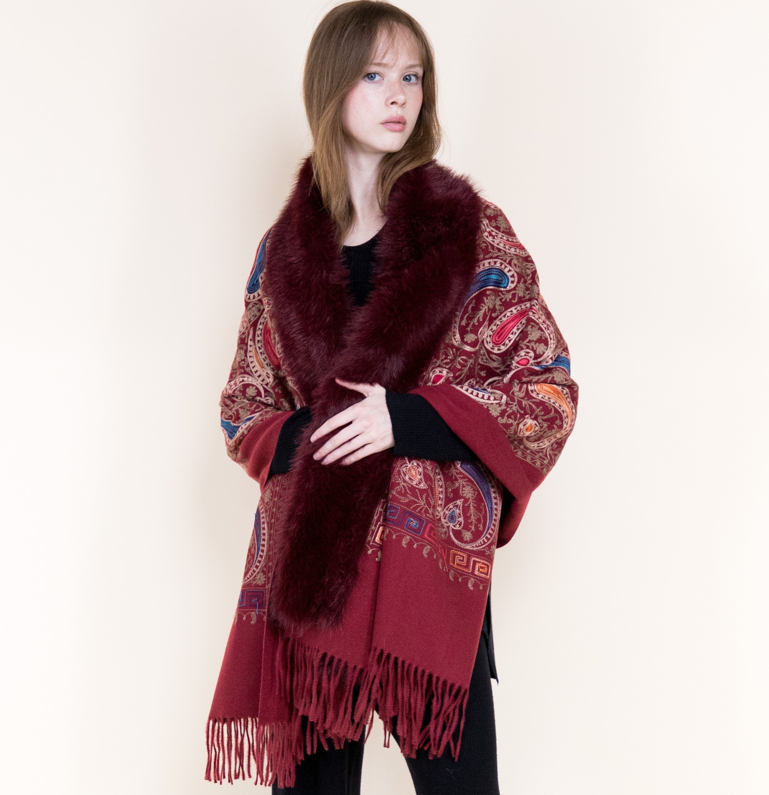 Embroidered Baroque Paisley Faux Fur Edge Scarf - RUST (OS)  (Pack of 6)