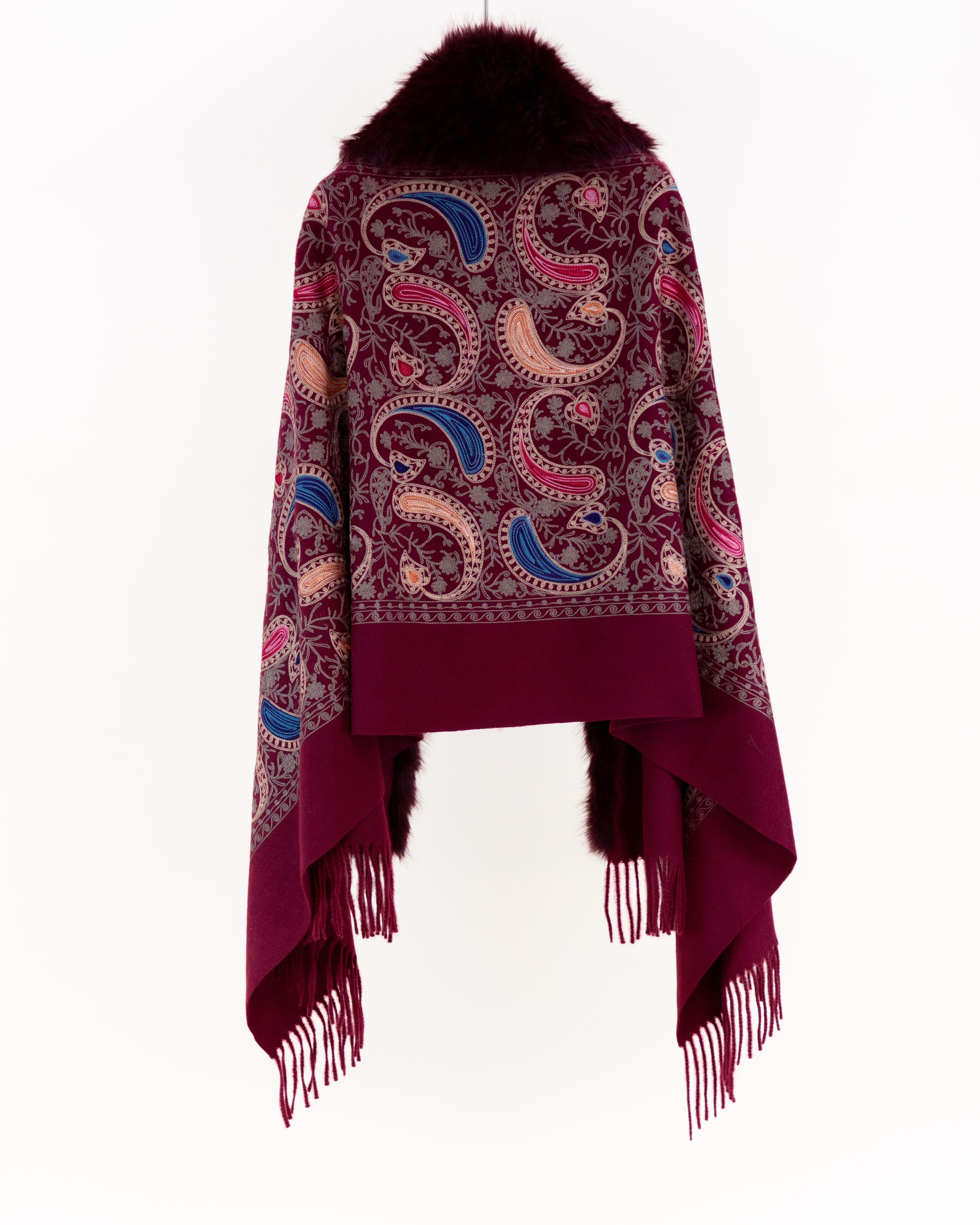 Embroidered Baroque Paisley Faux Fur Edge Scarf - BURGUNDY (Pack of 6)