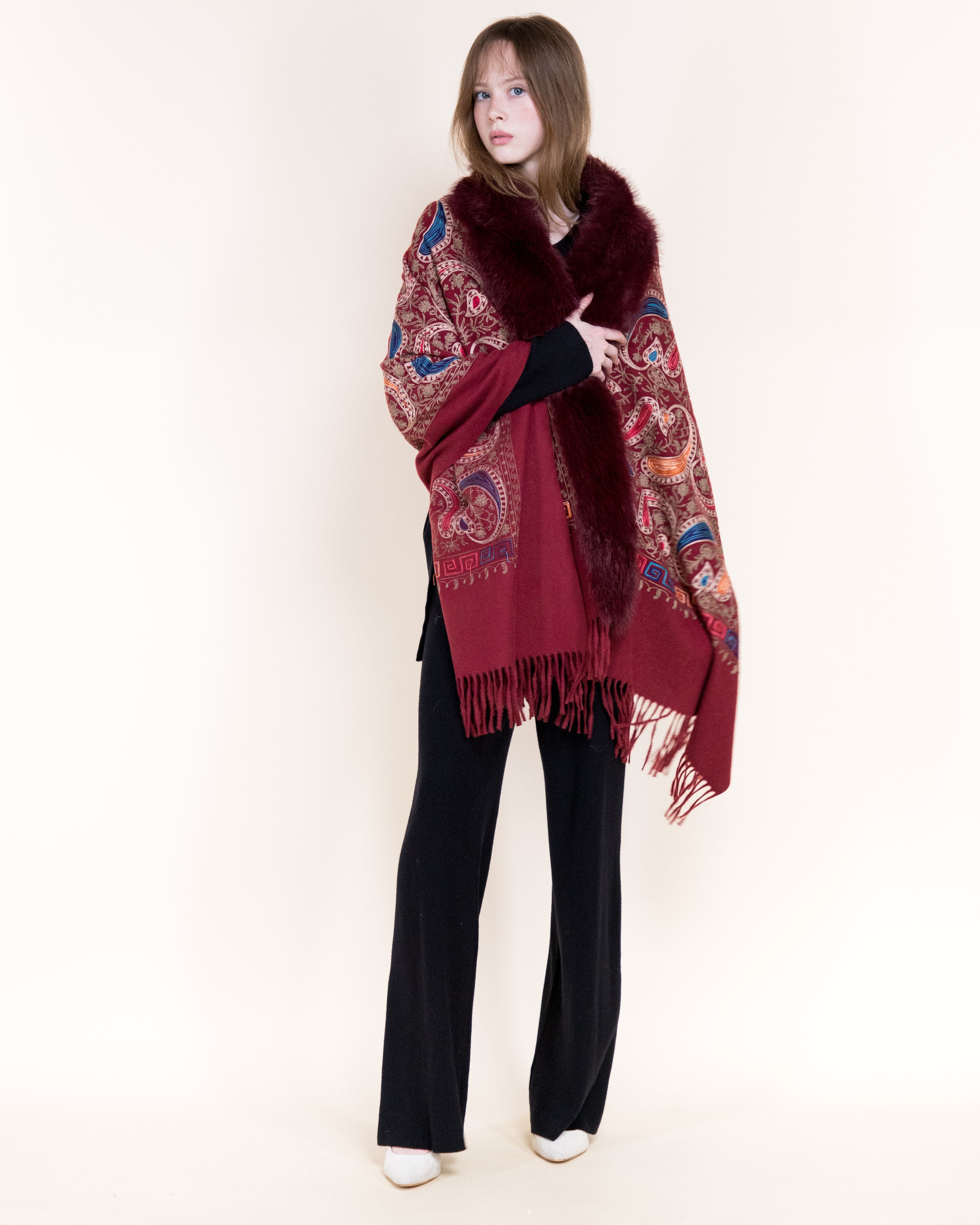 Embroidered Baroque Paisley Faux Fur Edge Scarf - RUST (OS)  (Pack of 6)