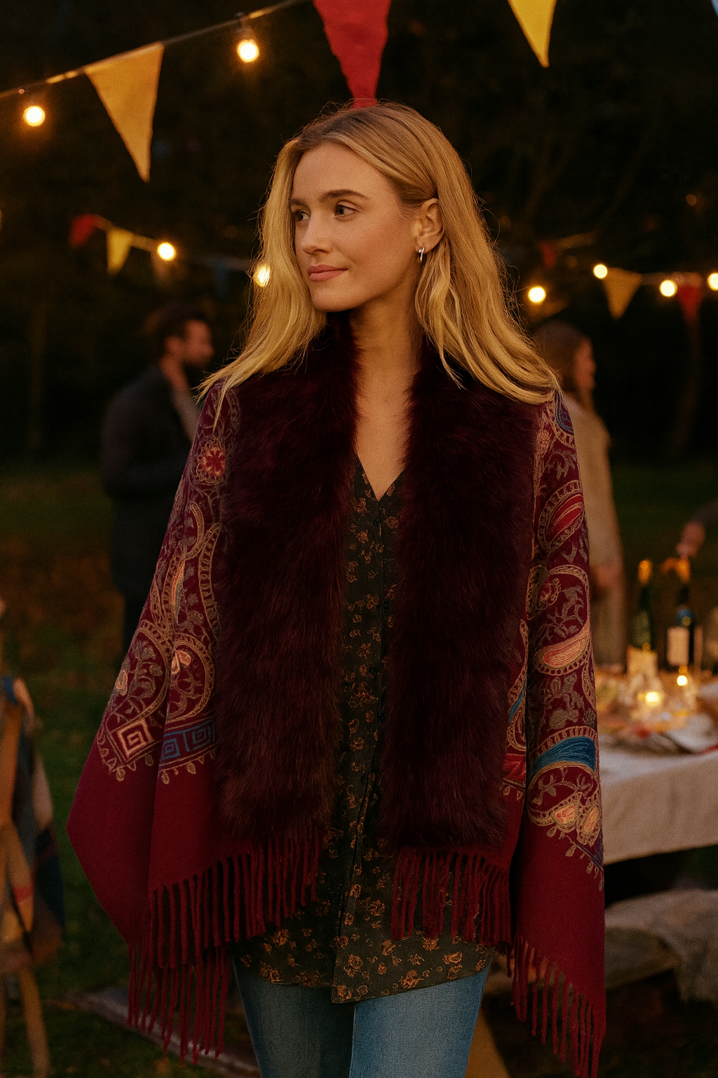 Embroidered Baroque Paisley Faux Fur Edge Scarf - BURGUNDY (Pack of 6)