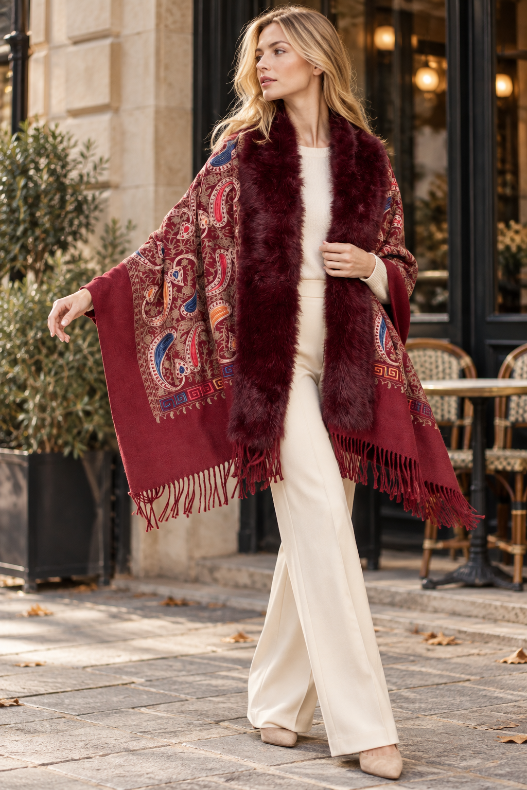Embroidered Baroque Paisley Faux Fur Edge Scarf - BURGUNDY (OS)  (Pack of 6)