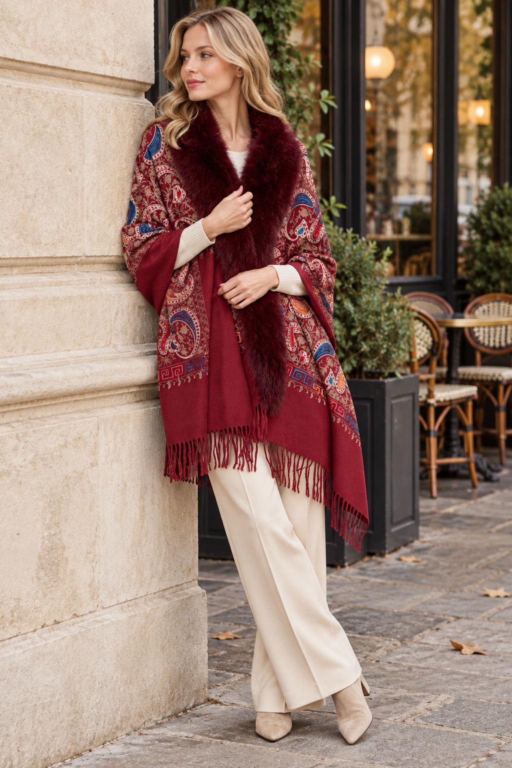 Embroidered Baroque Paisley Faux Fur Edge Scarf - BURGUNDY (OS)  (Pack of 6)
