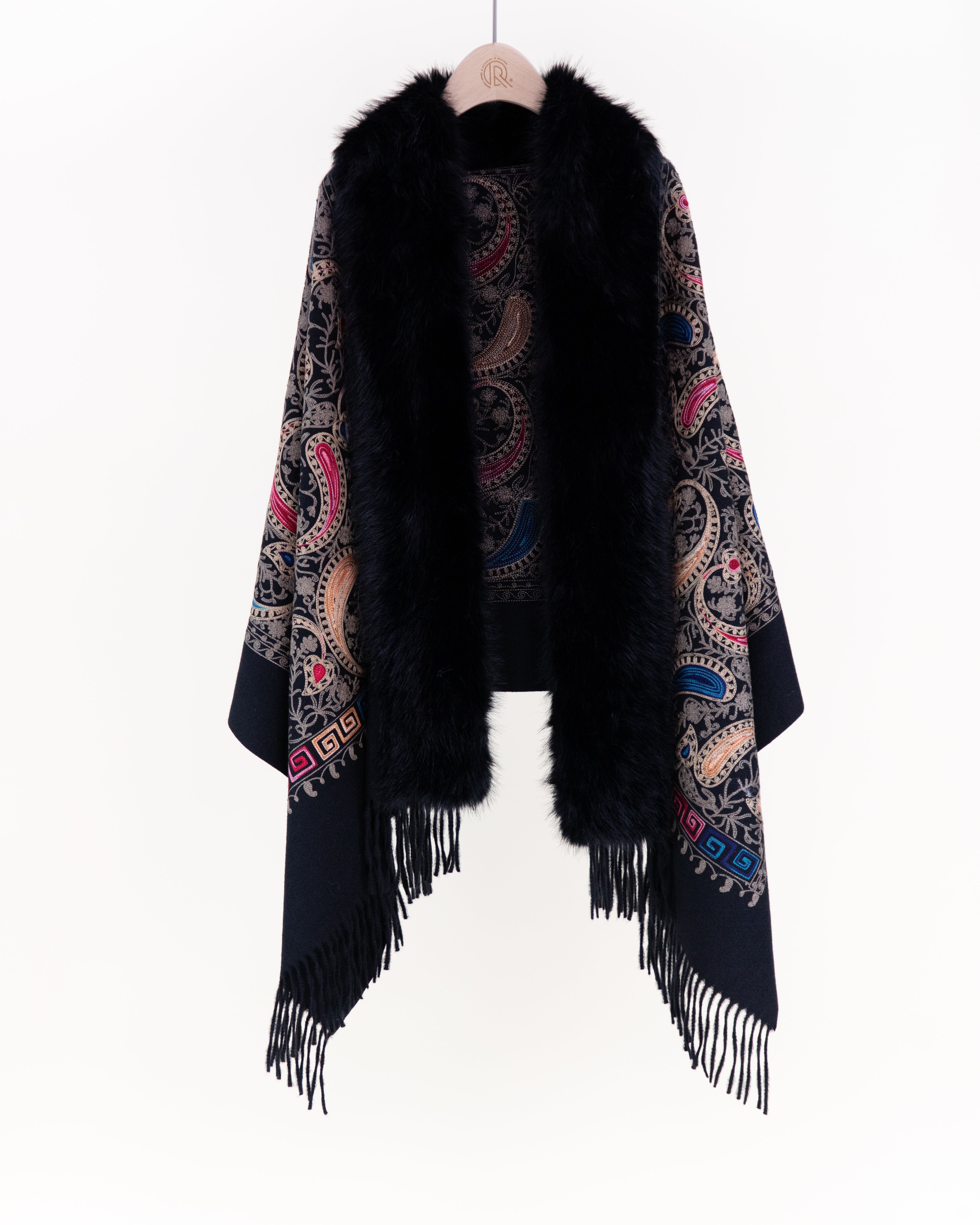 Embroidered Baroque Paisley Faux Fur Edge Scarf - BURGUNDY (Pack of 6)