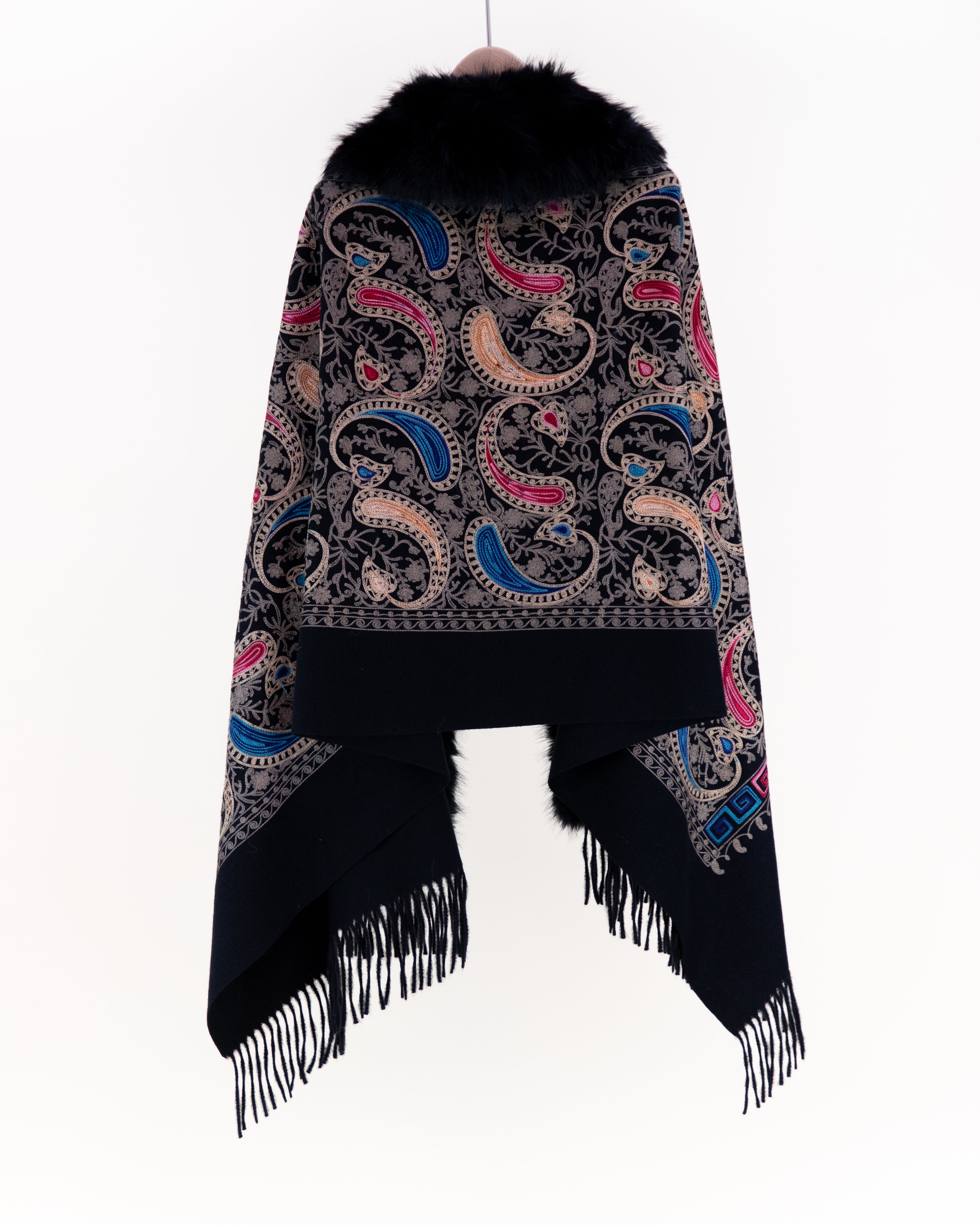 Embroidered Baroque Paisley Faux Fur Edge Scarf - BURGUNDY (Pack of 6)