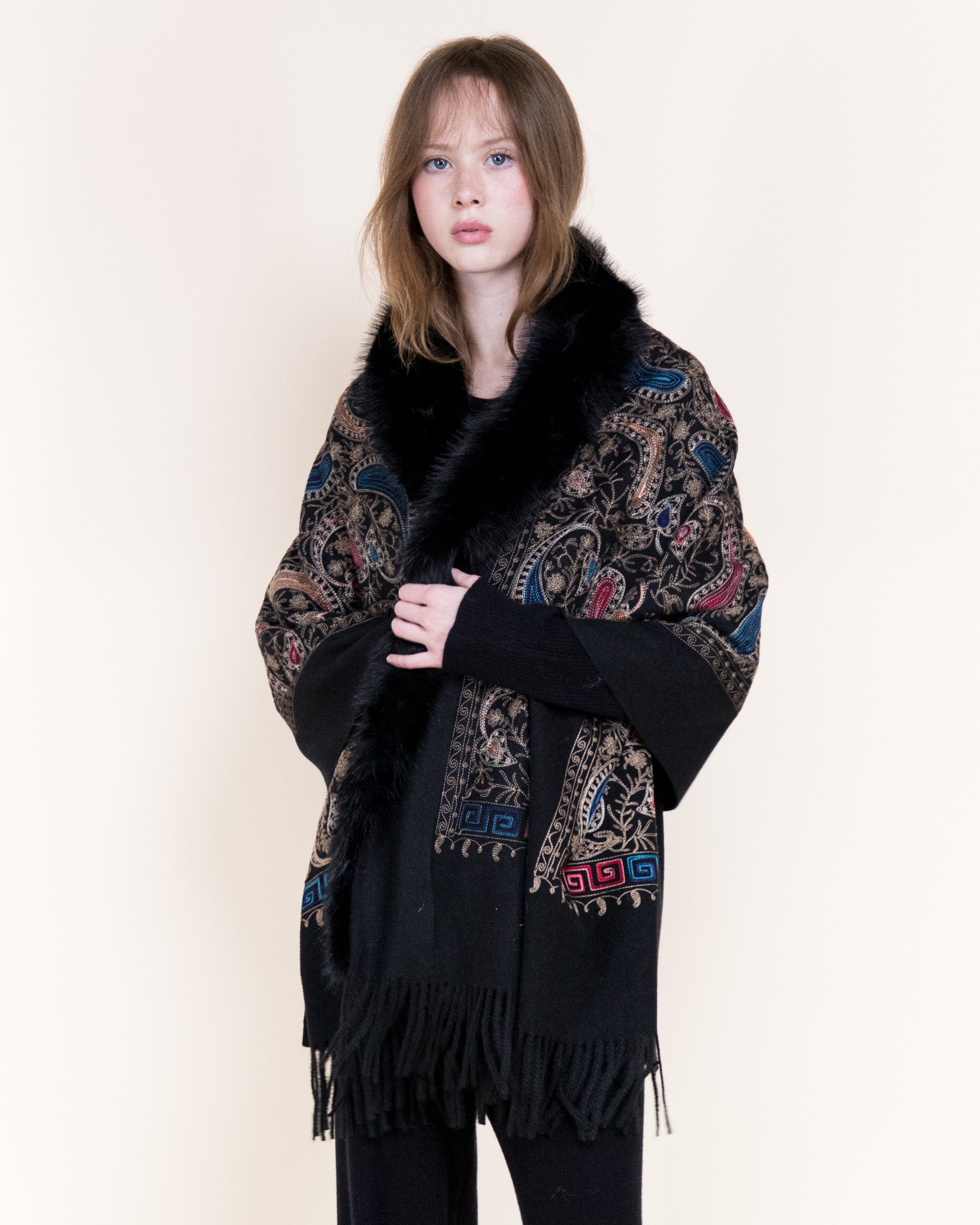 Embroidered Baroque Paisley Faux Fur Edge Scarf - RUST (OS)  (Pack of 6)