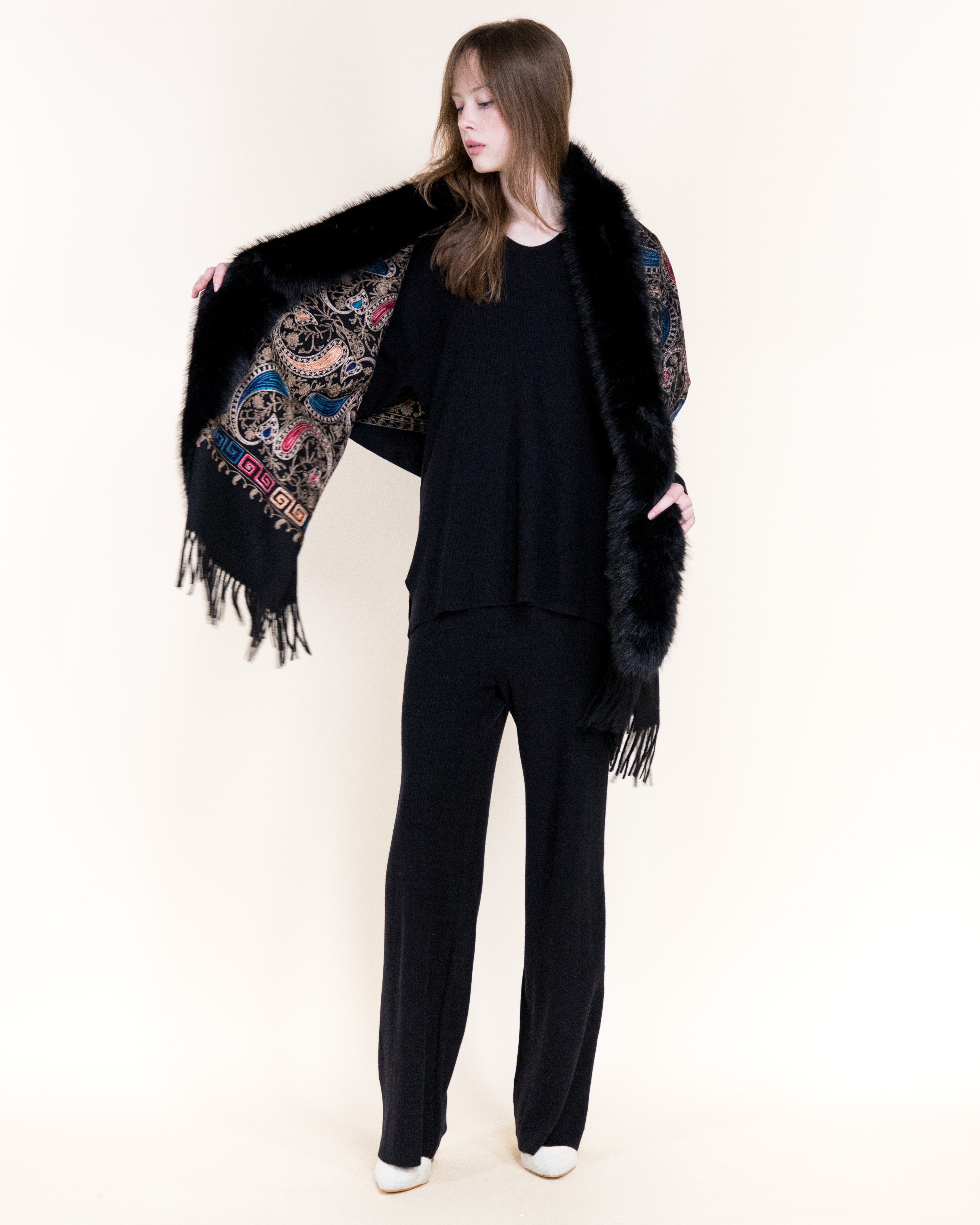 Embroidered Baroque Paisley Faux Fur Edge Scarf - RUST (OS)  (Pack of 6)