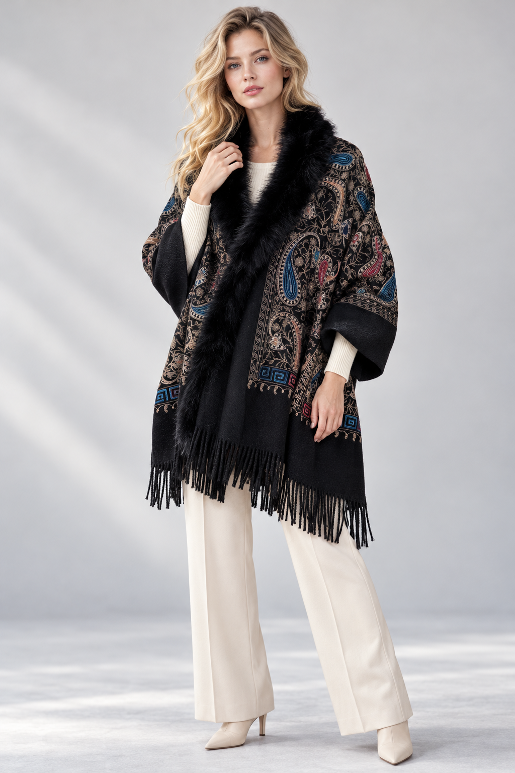Embroidered Baroque Paisley Faux Fur Edge Scarf - BLACK (OS)  (Pack of 6)