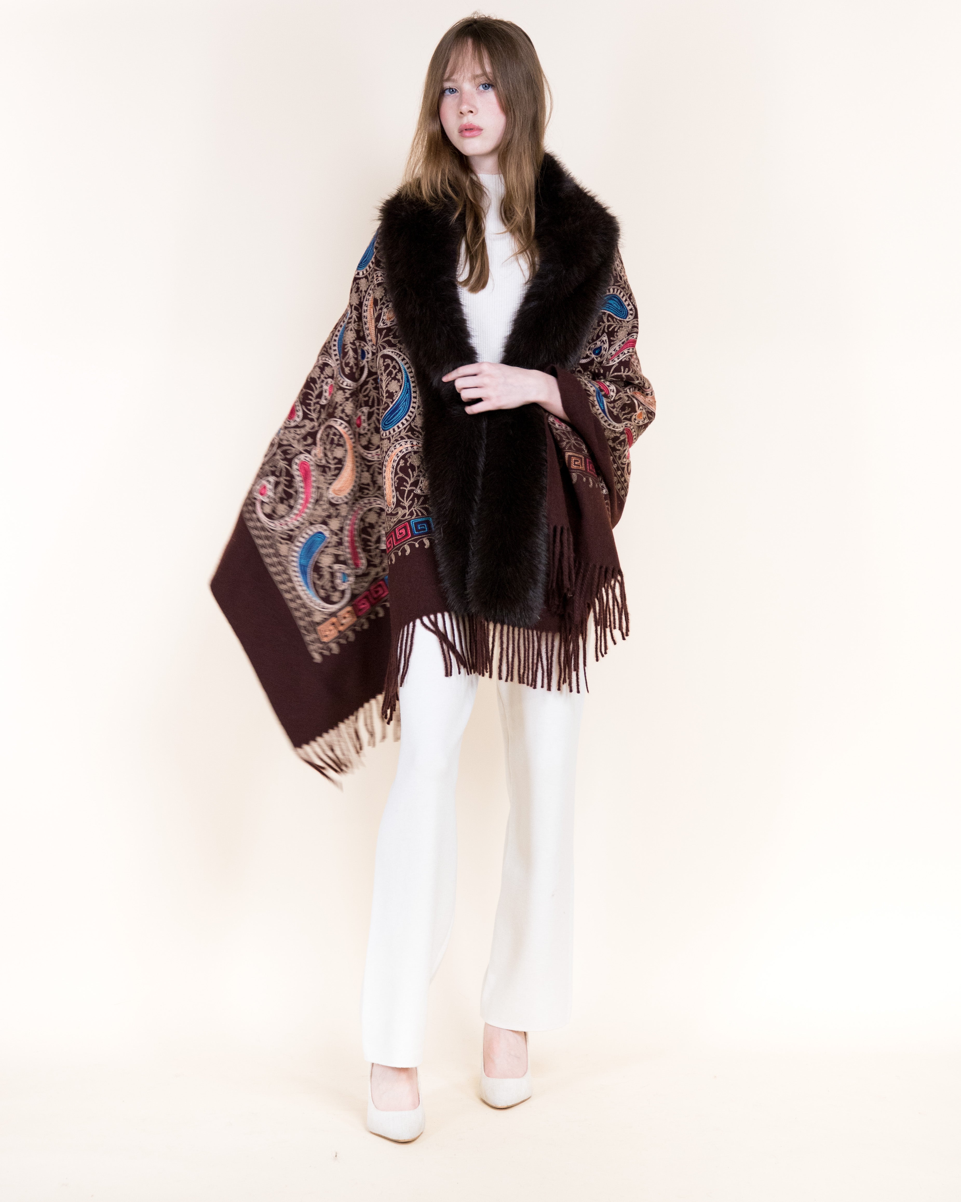 Embroidered Baroque Paisley Faux Fur Edge Scarf - RUST (OS)  (Pack of 6)