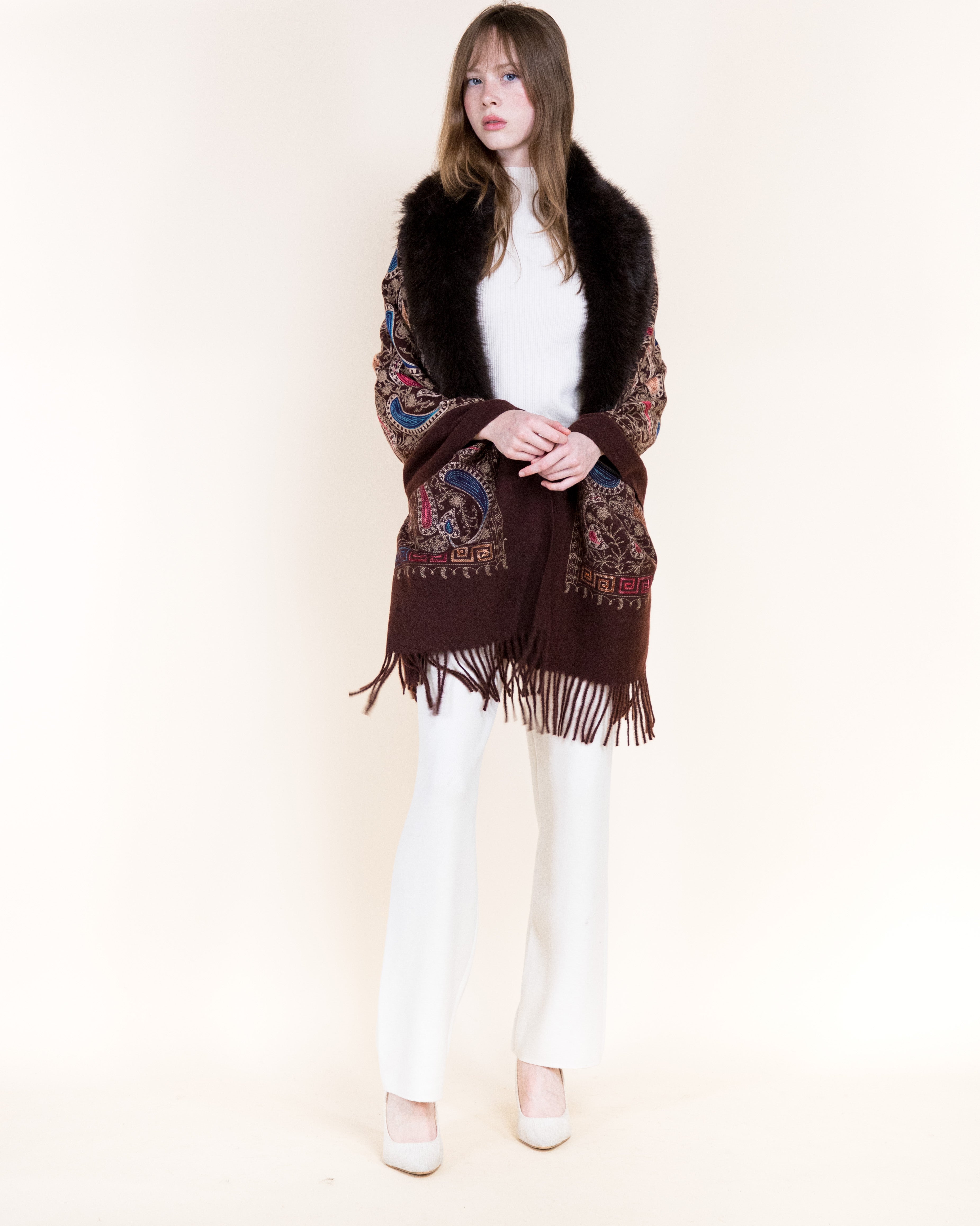 Embroidered Baroque Paisley Faux Fur Edge Scarf - RUST (OS)  (Pack of 6)