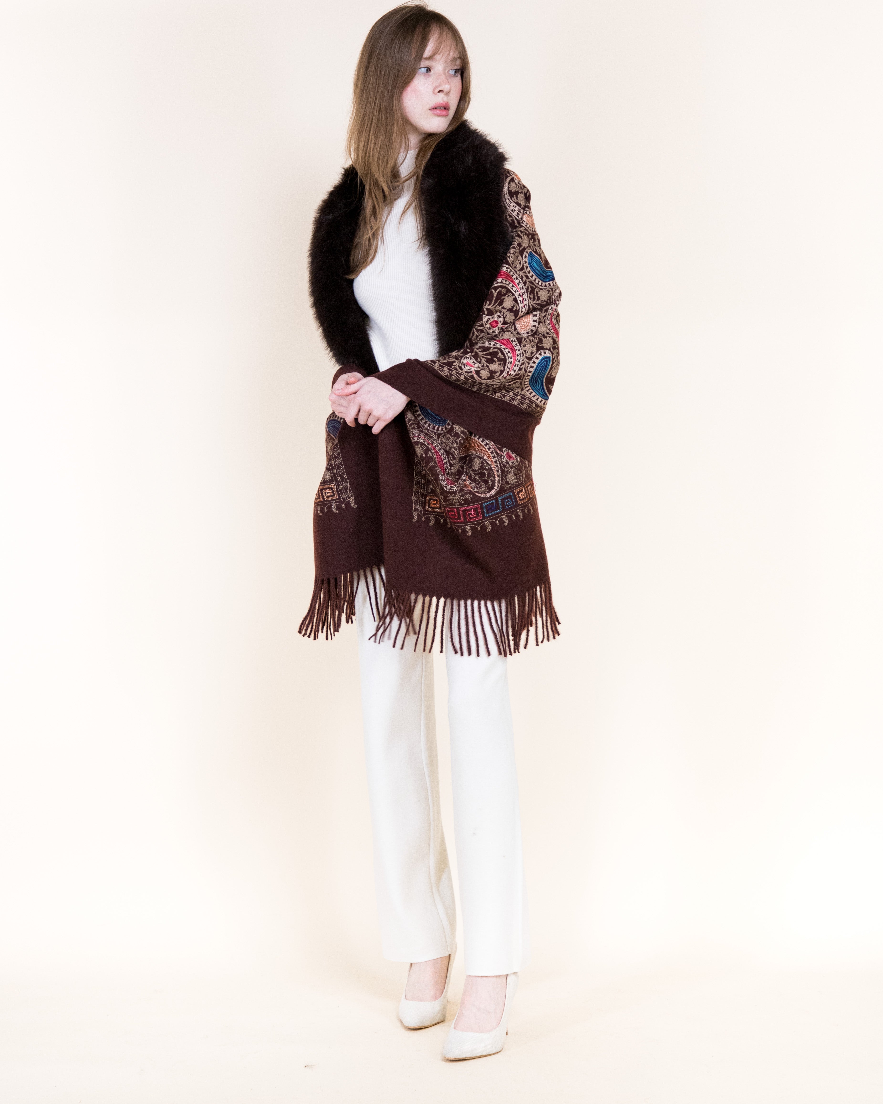 Embroidered Baroque Paisley Faux Fur Edge Scarf - RUST (OS)  (Pack of 6)
