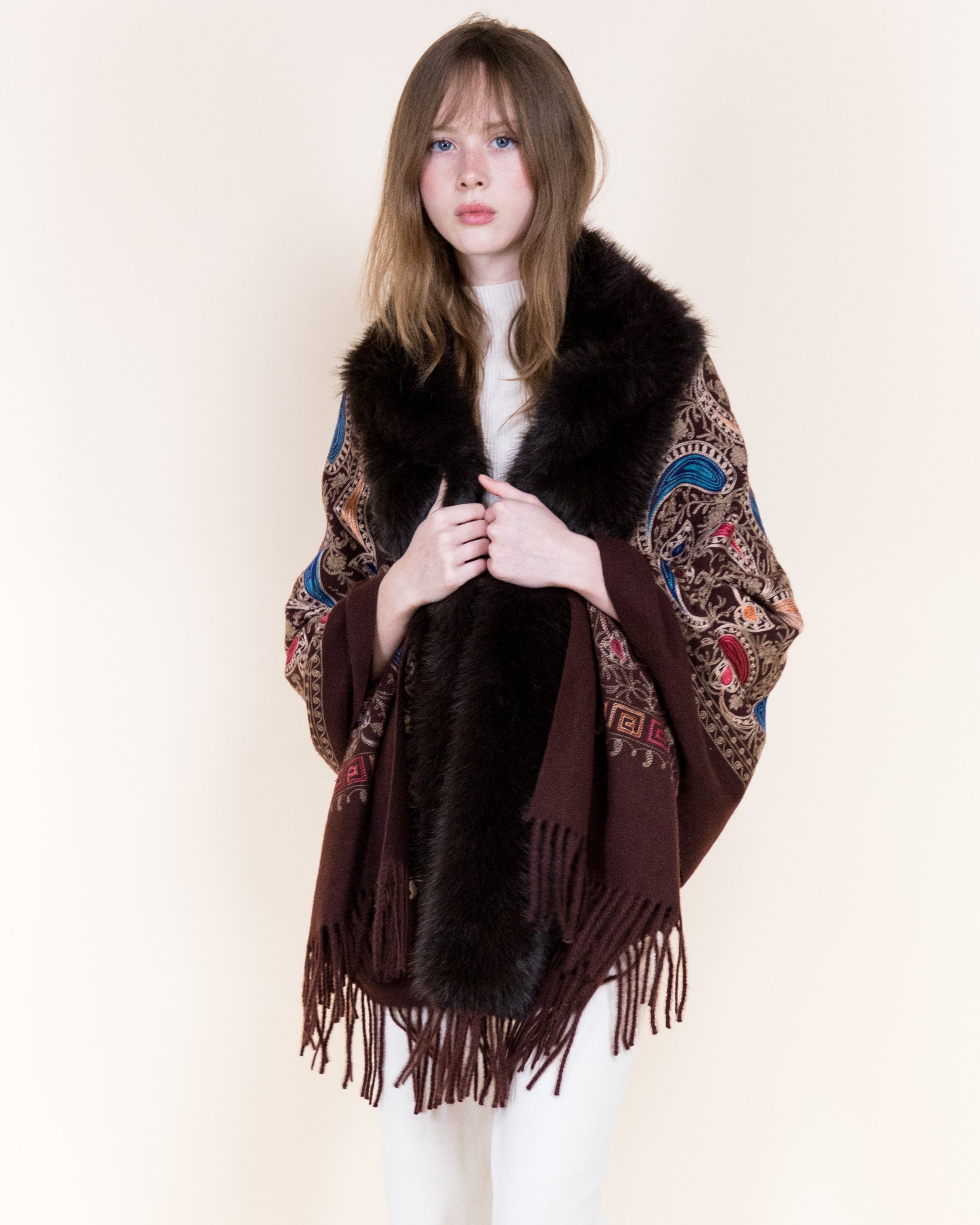 Embroidered Baroque Paisley Faux Fur Edge Scarf - RUST (OS)  (Pack of 6)