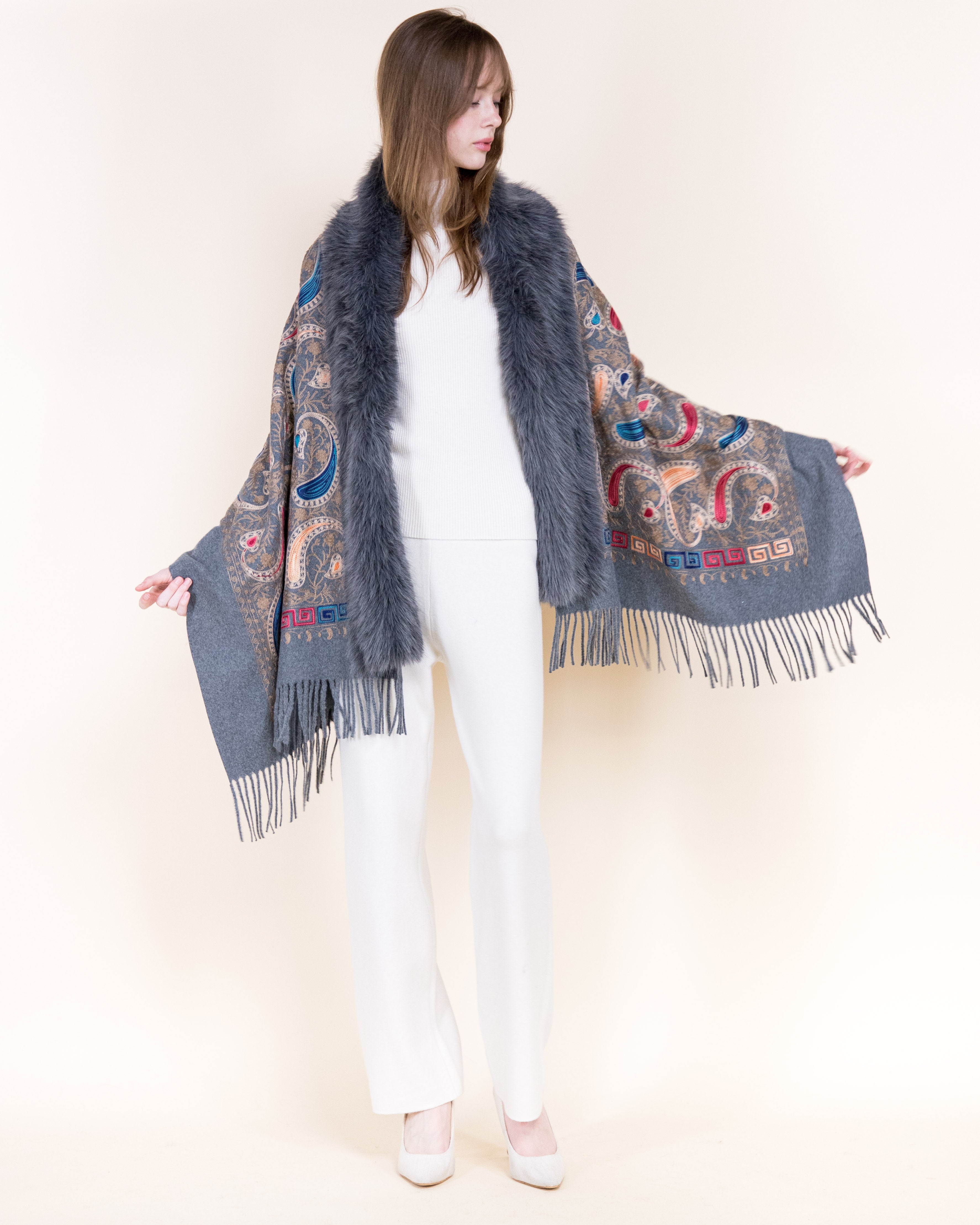 Embroidered Baroque Paisley Faux Fur Edge Scarf - RUST (OS)  (Pack of 6)