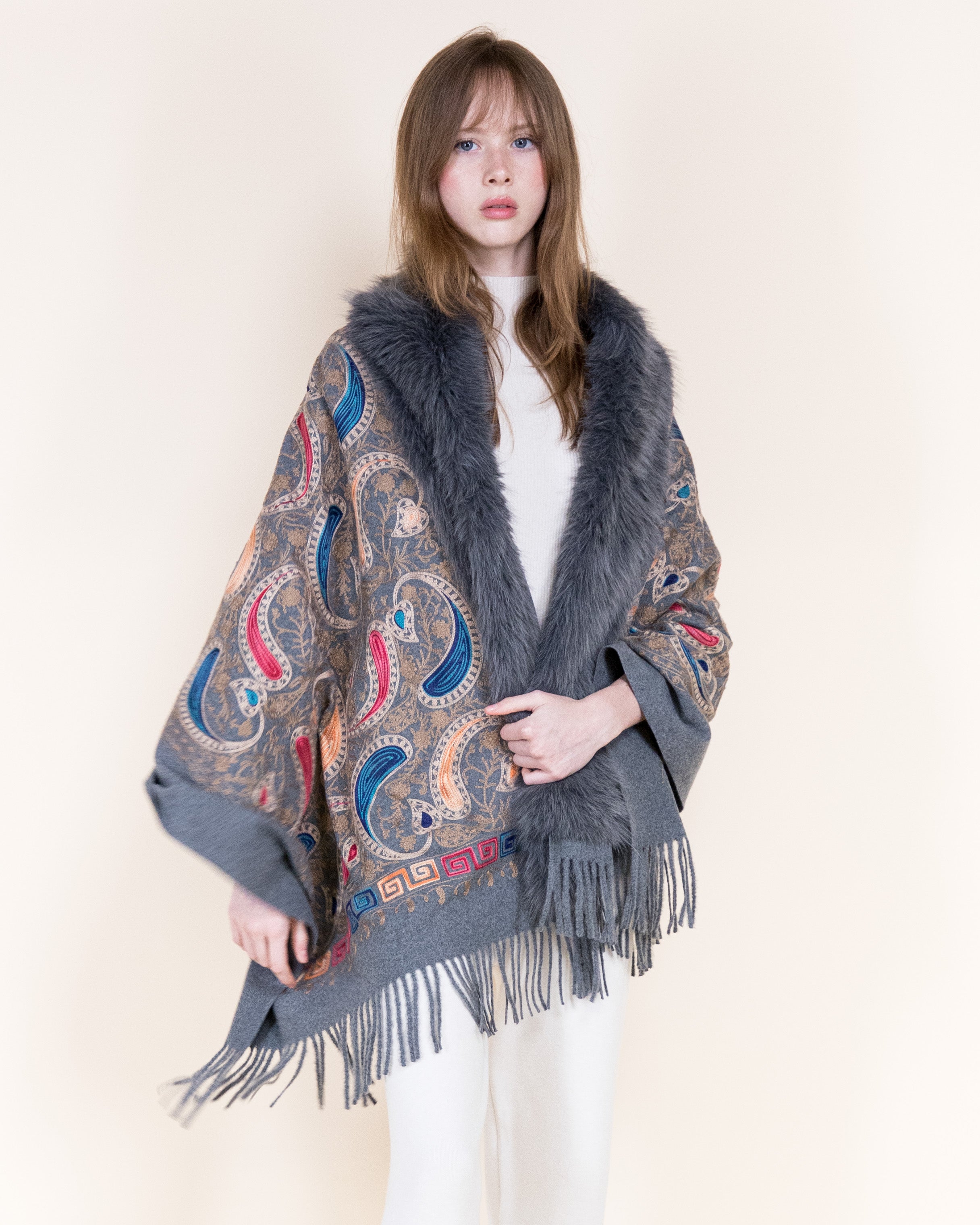 Embroidered Baroque Paisley Faux Fur Edge Scarf - RUST (OS)  (Pack of 6)