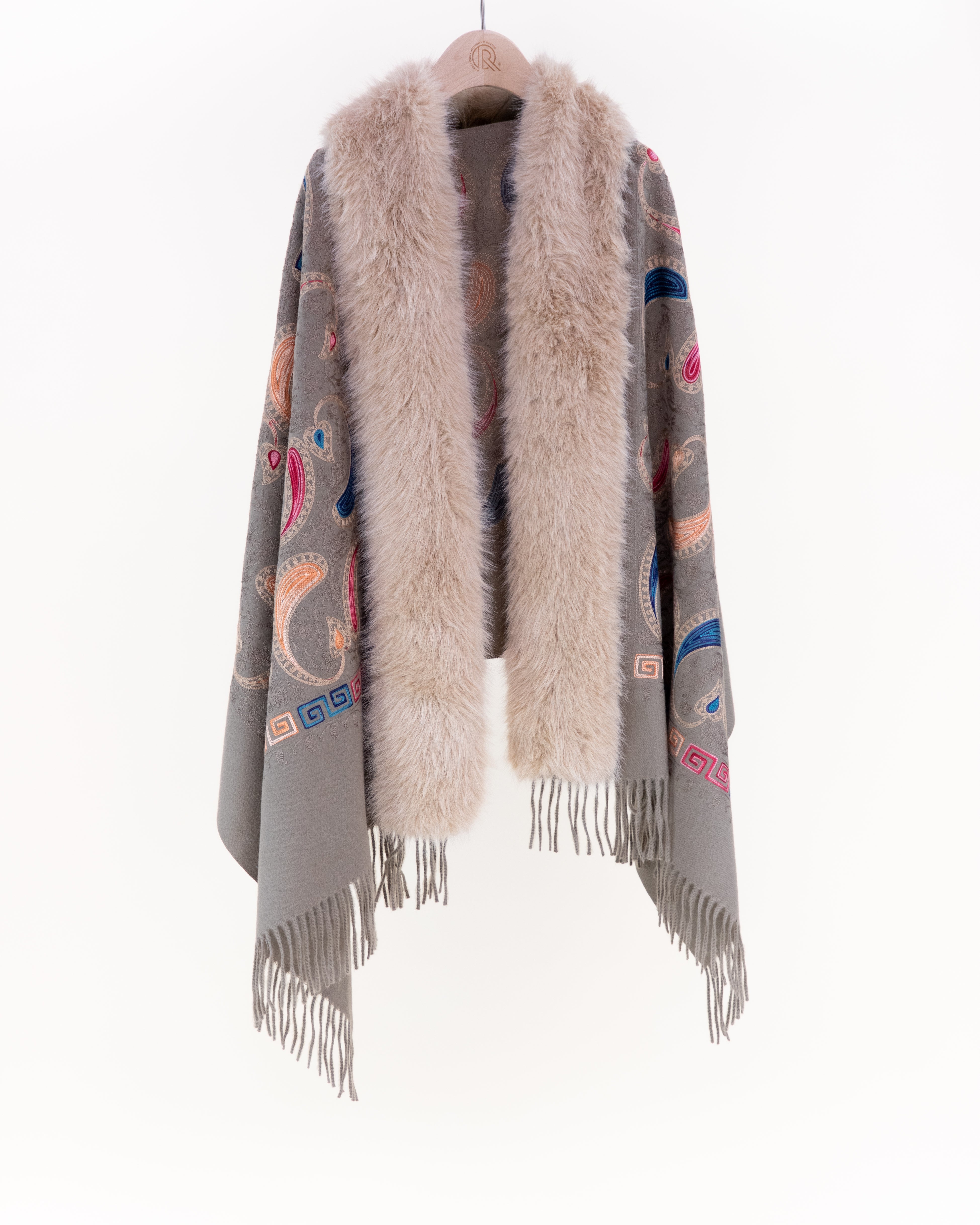 Embroidered Baroque Paisley Faux Fur Edge Scarf - BURGUNDY (Pack of 6)