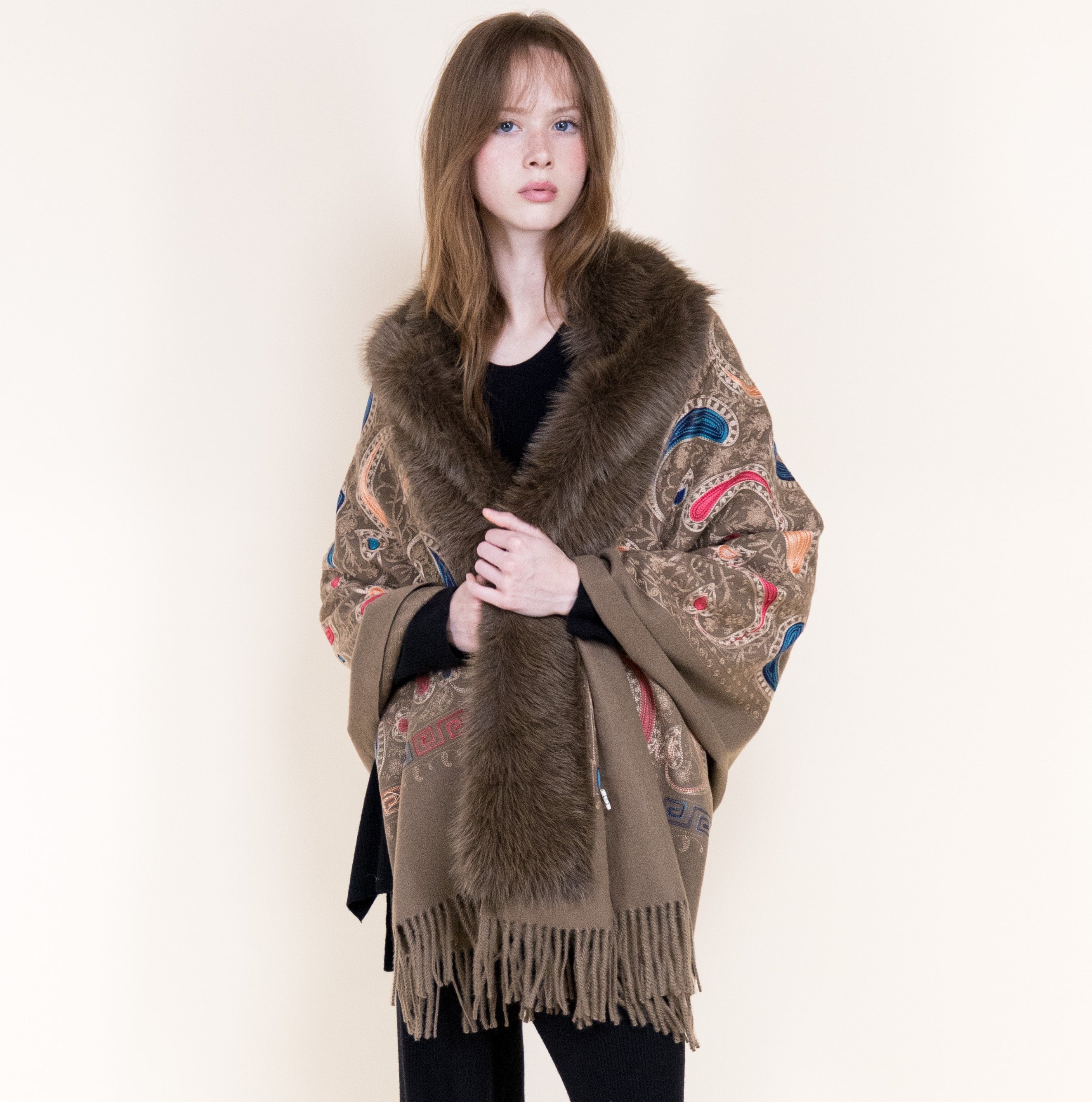 Embroidered Baroque Paisley Faux Fur Edge Scarf - RUST (OS)  (Pack of 6)