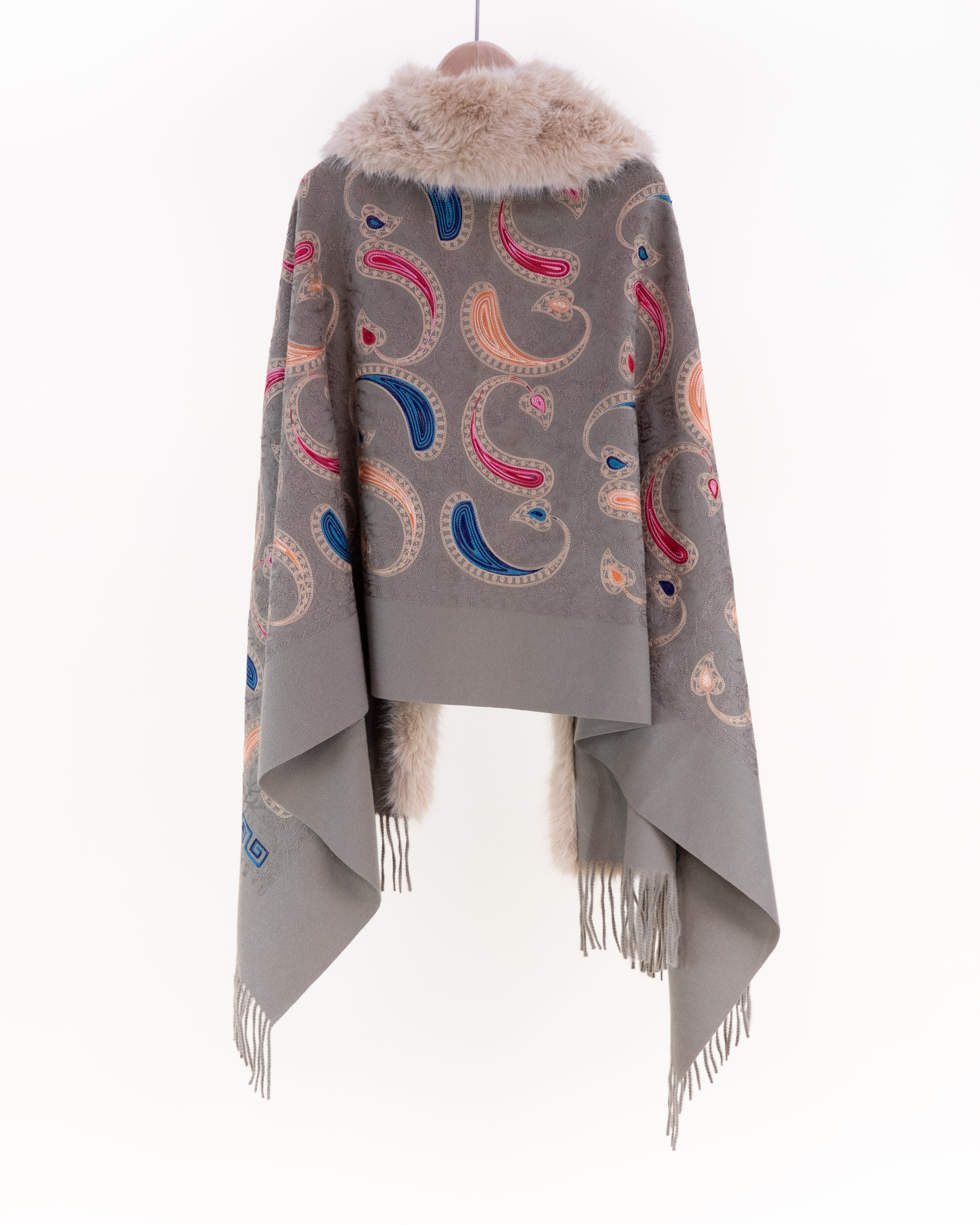 Embroidered Baroque Paisley Faux Fur Edge Scarf - BURGUNDY (Pack of 6)