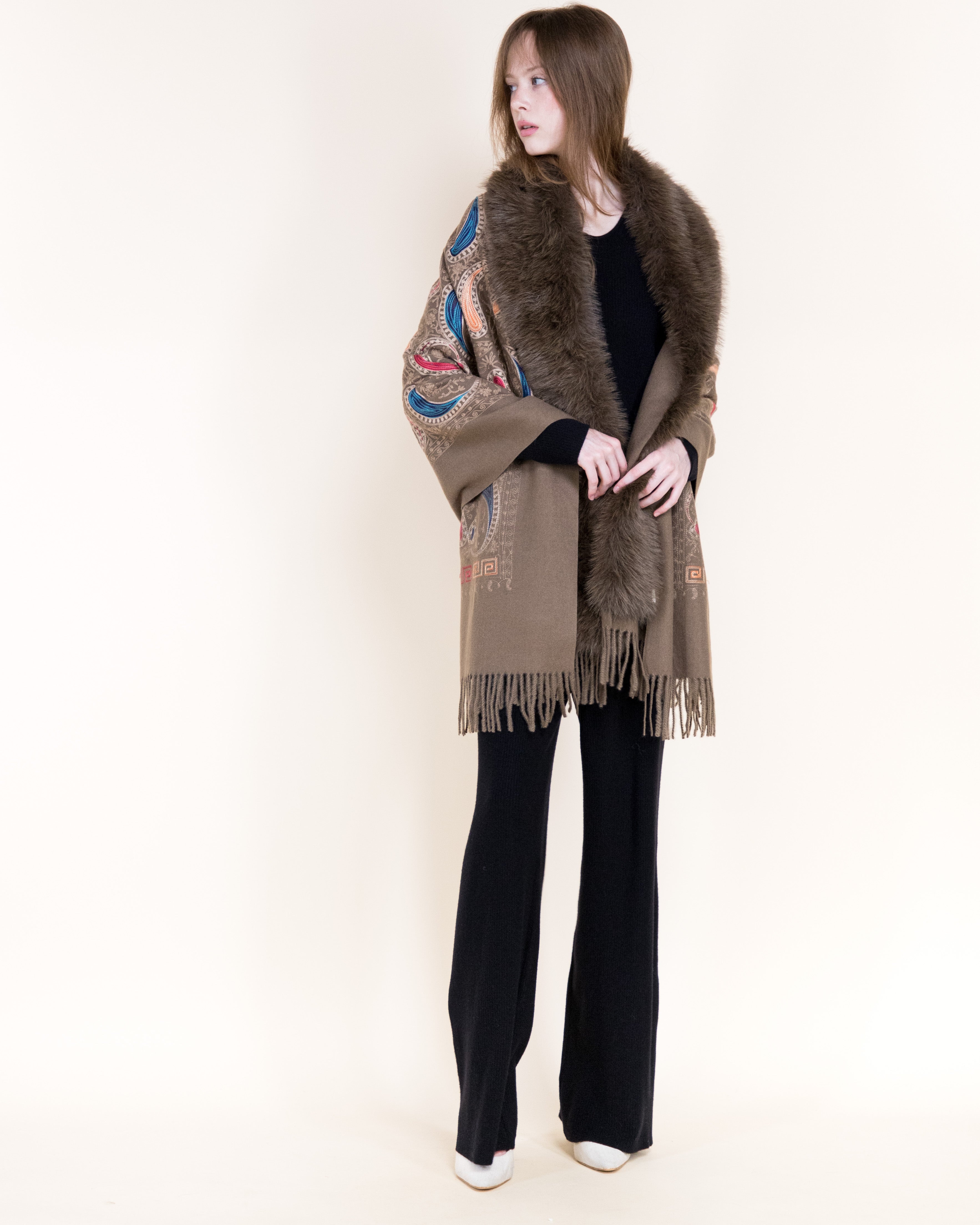 Embroidered Baroque Paisley Faux Fur Edge Scarf - RUST (OS)  (Pack of 6)