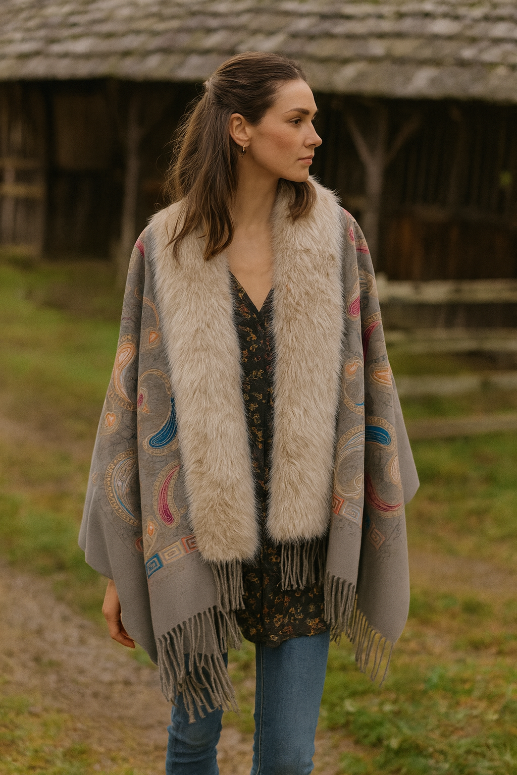 Embroidered Baroque Paisley Faux Fur Edge Scarf - BURGUNDY (Pack of 6)