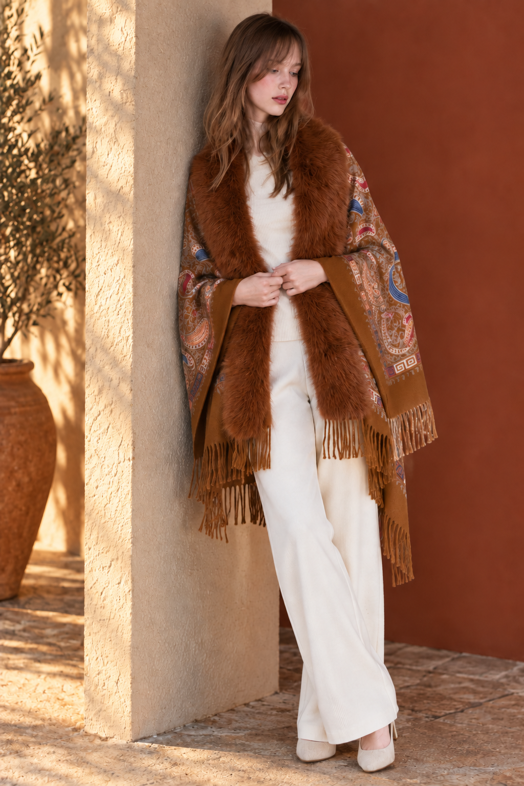 Embroidered Baroque Paisley Faux Fur Edge Scarf - RUST (OS)  (Pack of 6)