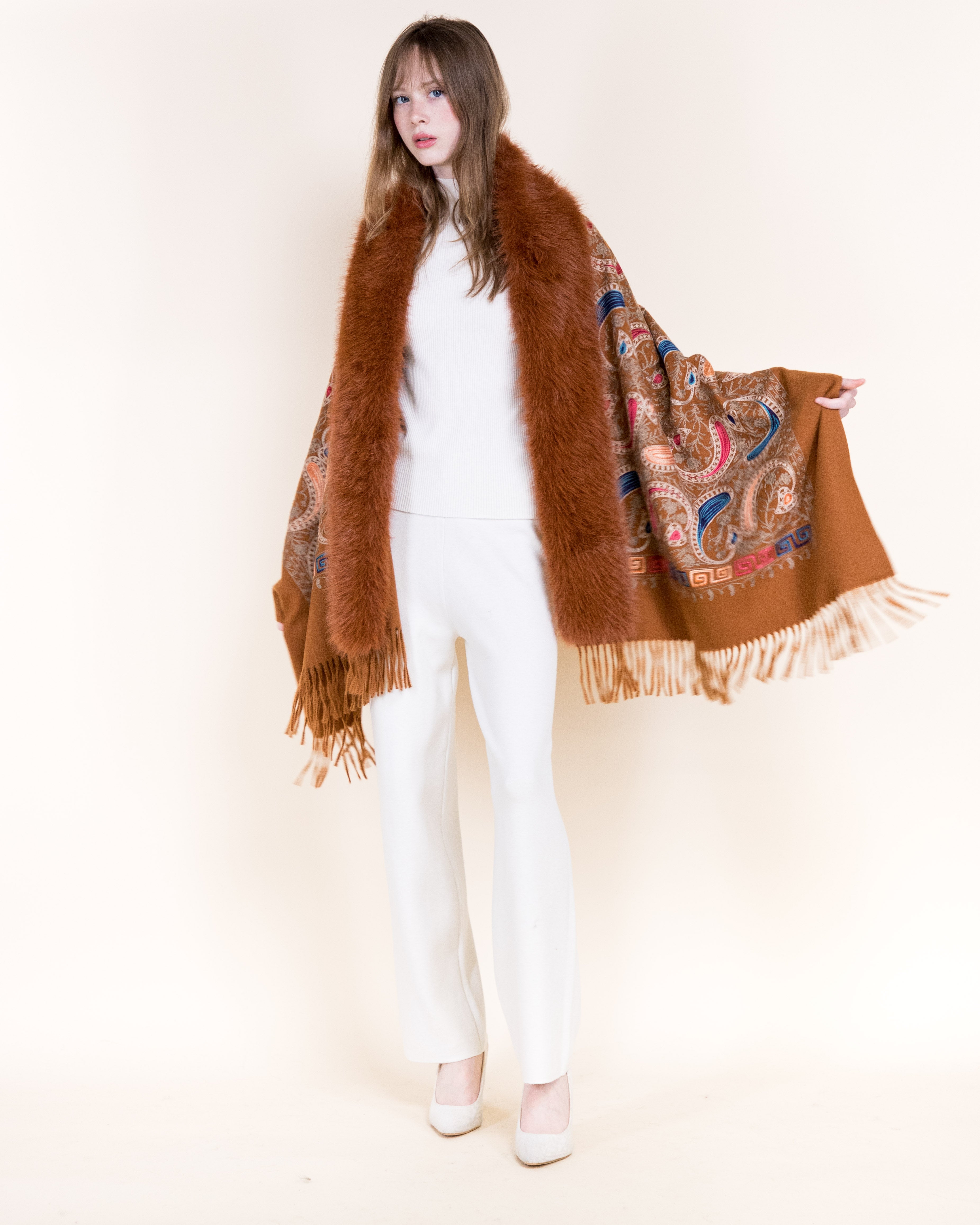 Embroidered Baroque Paisley Faux Fur Edge Scarf - RUST (OS)  (Pack of 6)
