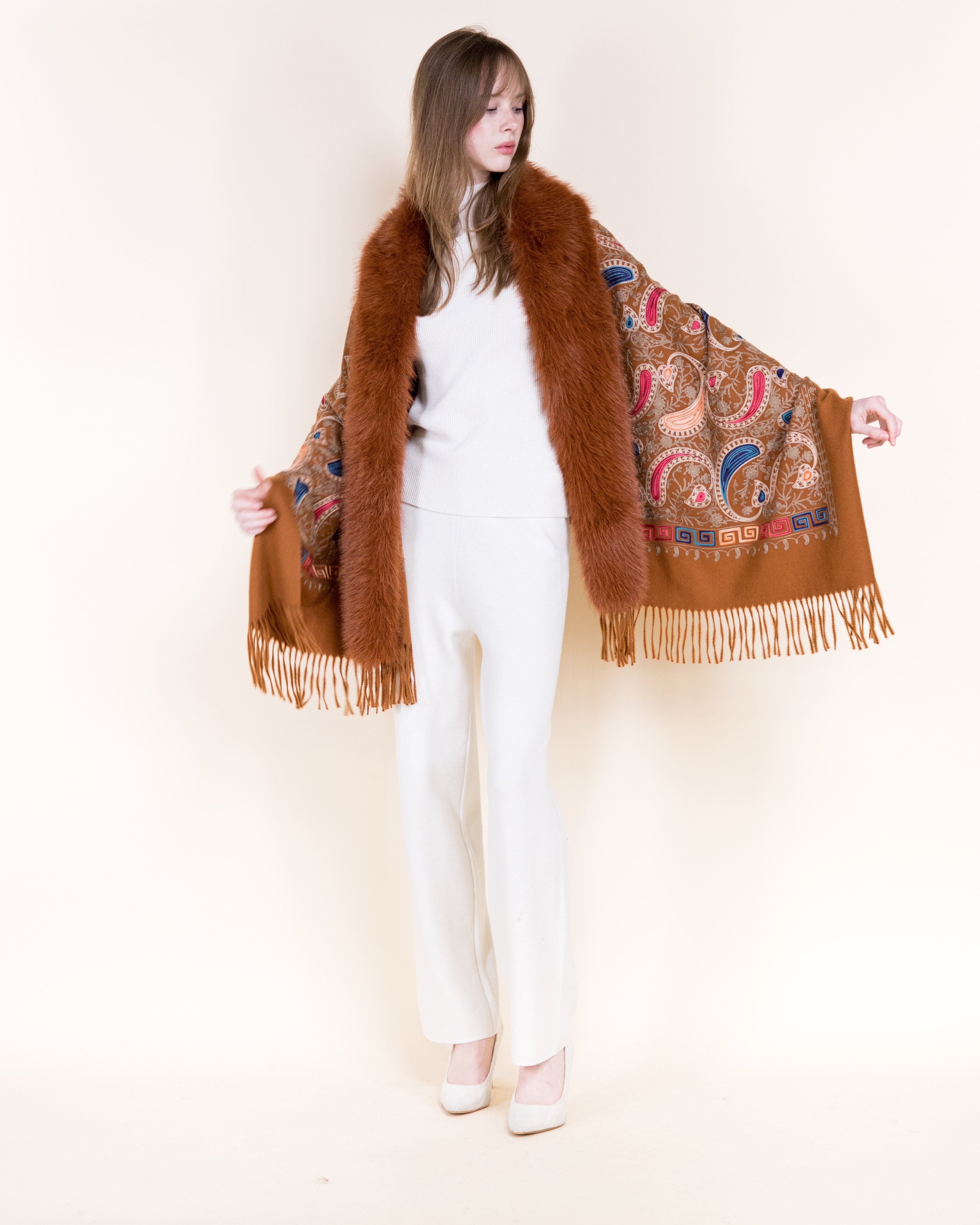 Embroidered Baroque Paisley Faux Fur Edge Scarf - RUST (OS)  (Pack of 6)