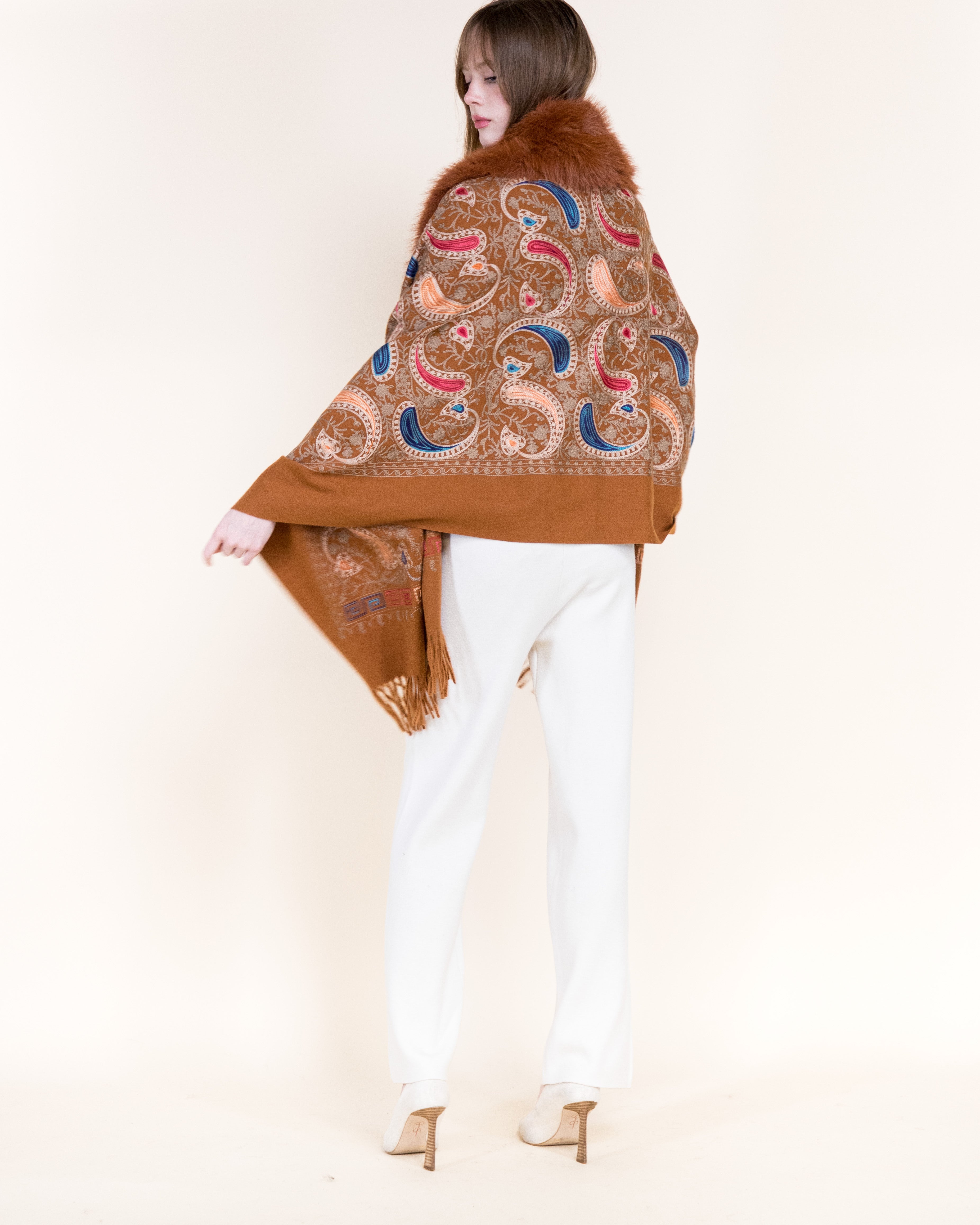 Embroidered Baroque Paisley Faux Fur Edge Scarf - RUST (OS)  (Pack of 6)