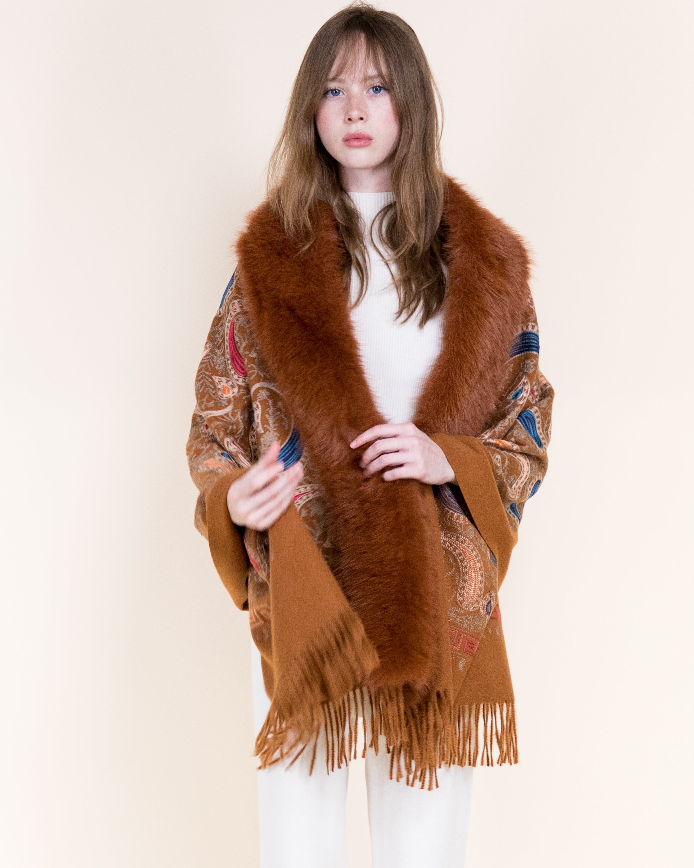 Embroidered Baroque Paisley Faux Fur Edge Scarf - RUST (OS)  (Pack of 6)