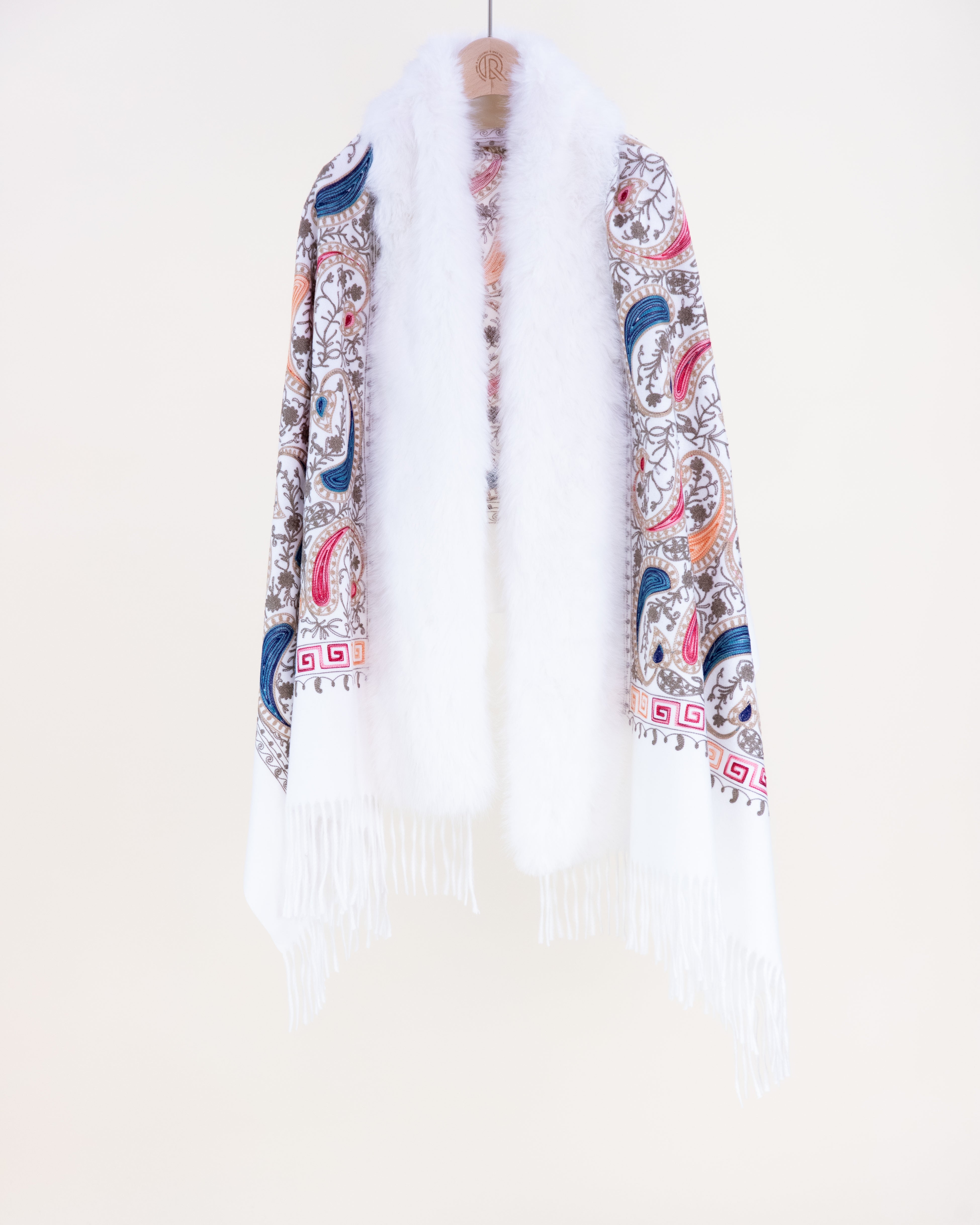 Embroidered Baroque Paisley Faux Fur Edge Scarf - BURGUNDY (Pack of 6)