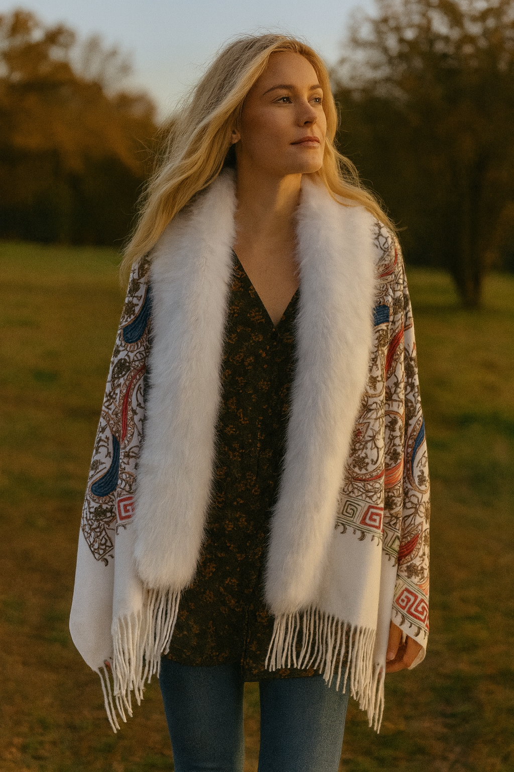 Embroidered Baroque Paisley Faux Fur Edge Scarf - BURGUNDY (Pack of 6)