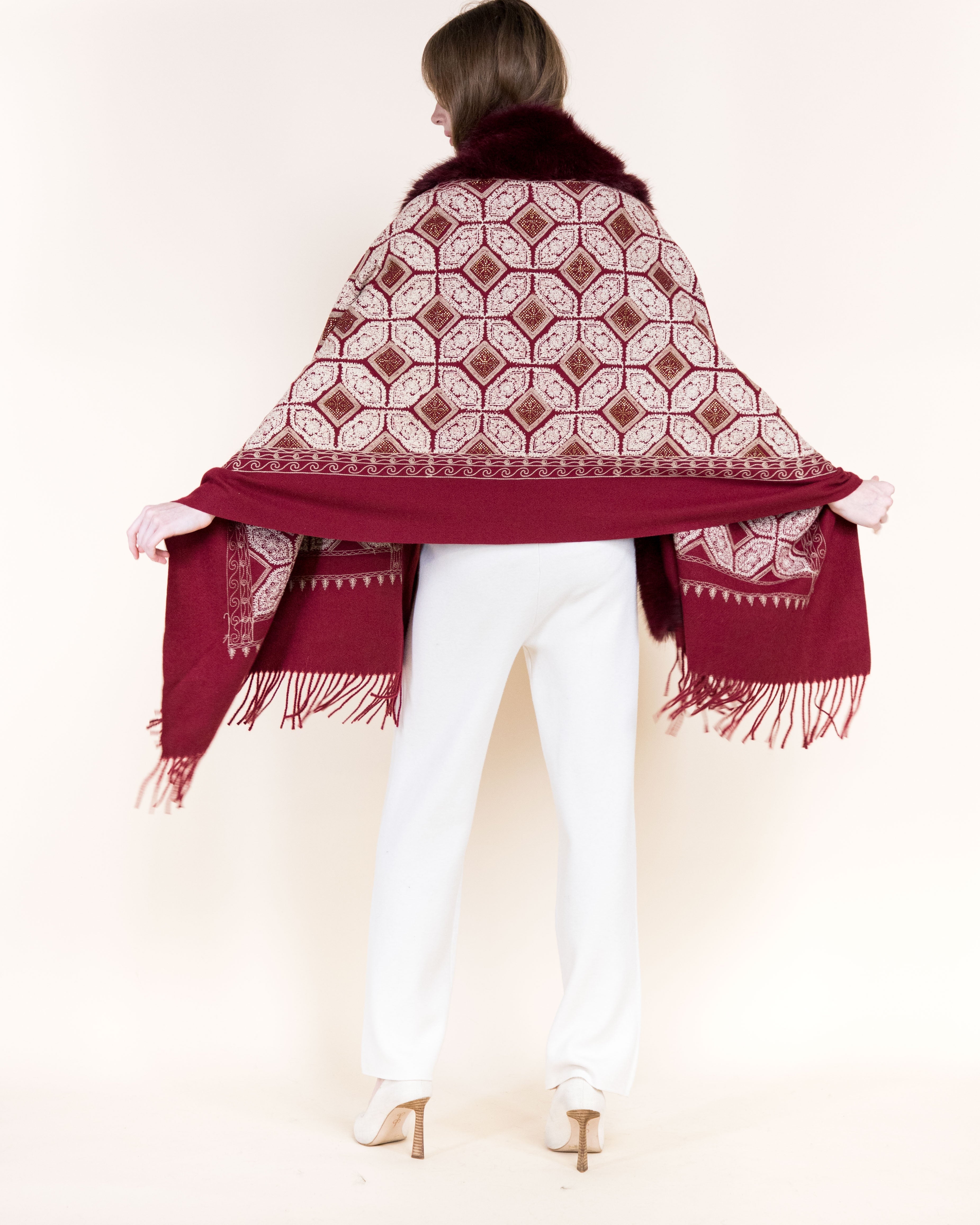 Embroidered Geo Tile Faux Fur Edge Scarf - BLACK (Pack of 6)