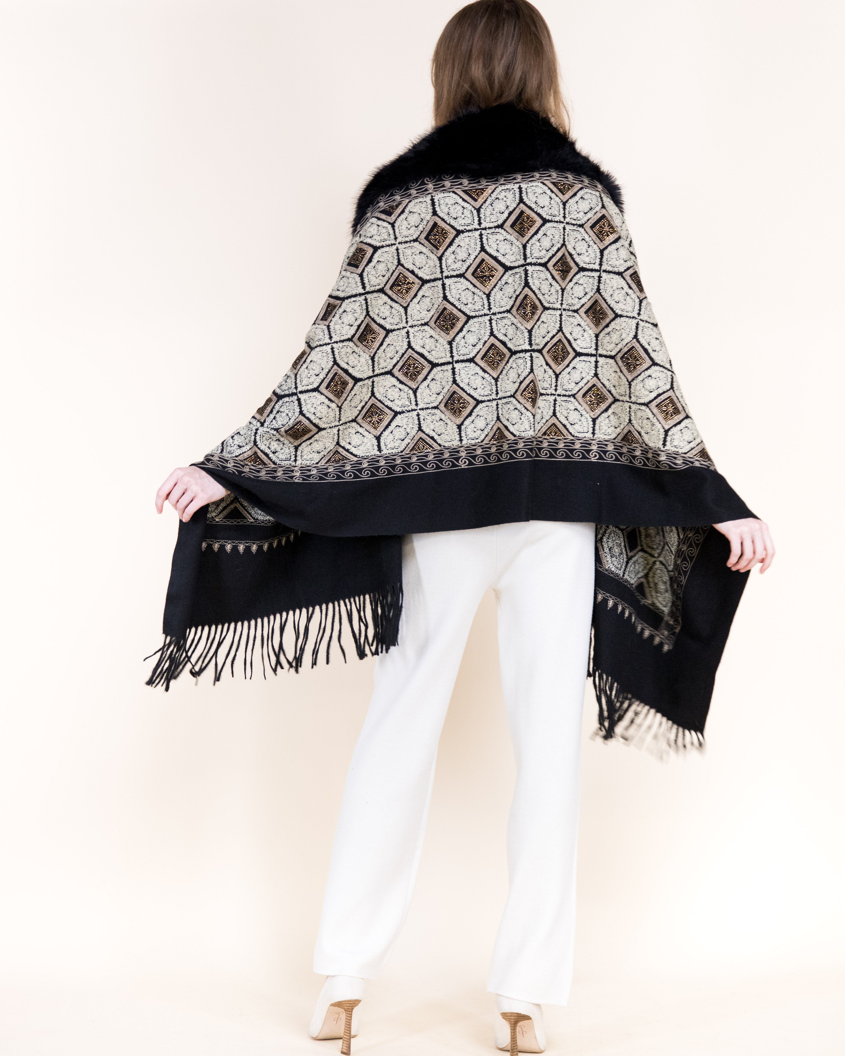 Embroidered Geo Tile Faux Fur Edge Scarf - BLACK (Pack of 6)