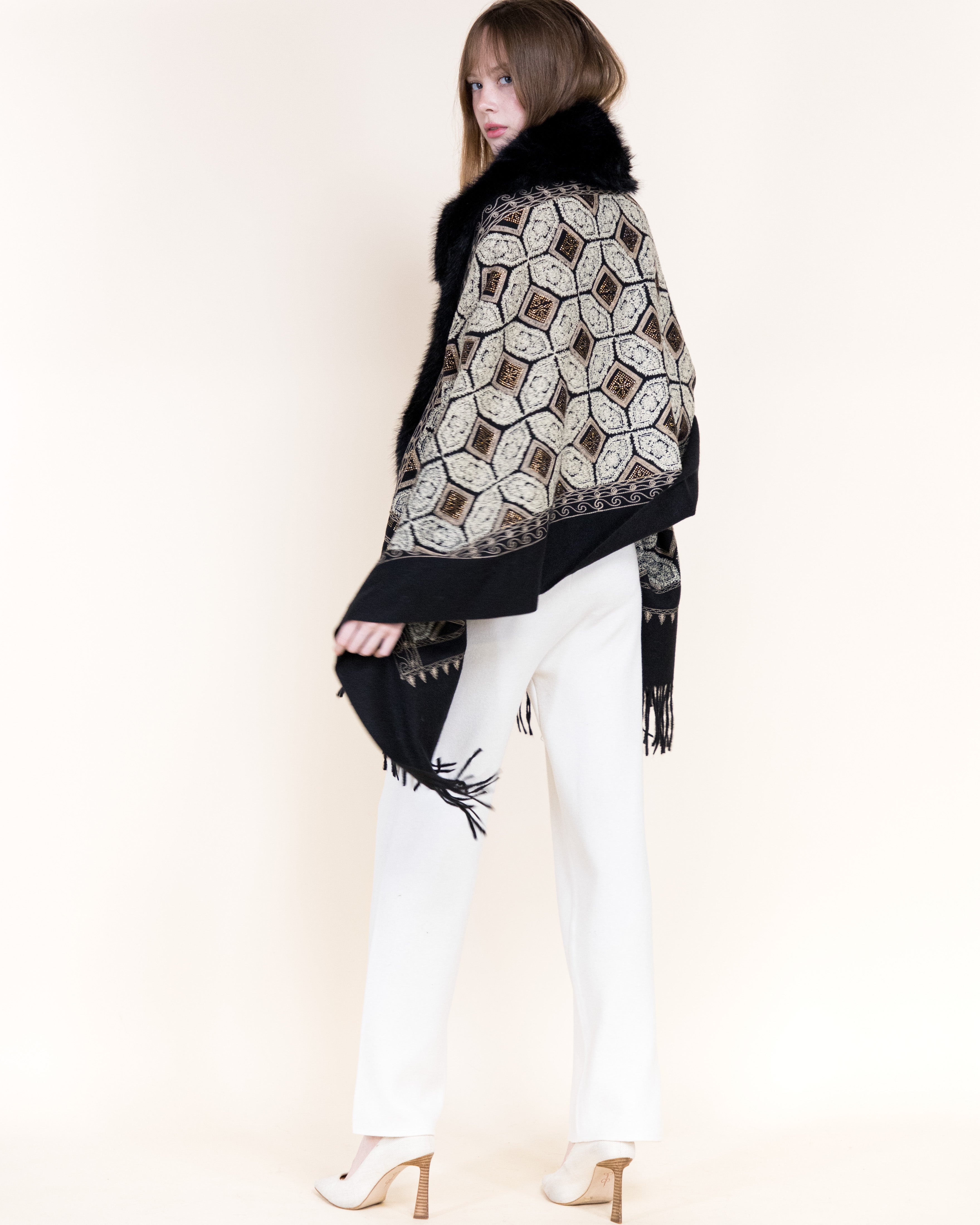 Embroidered Geo Tile Faux Fur Edge Scarf - BLACK (Pack of 6)