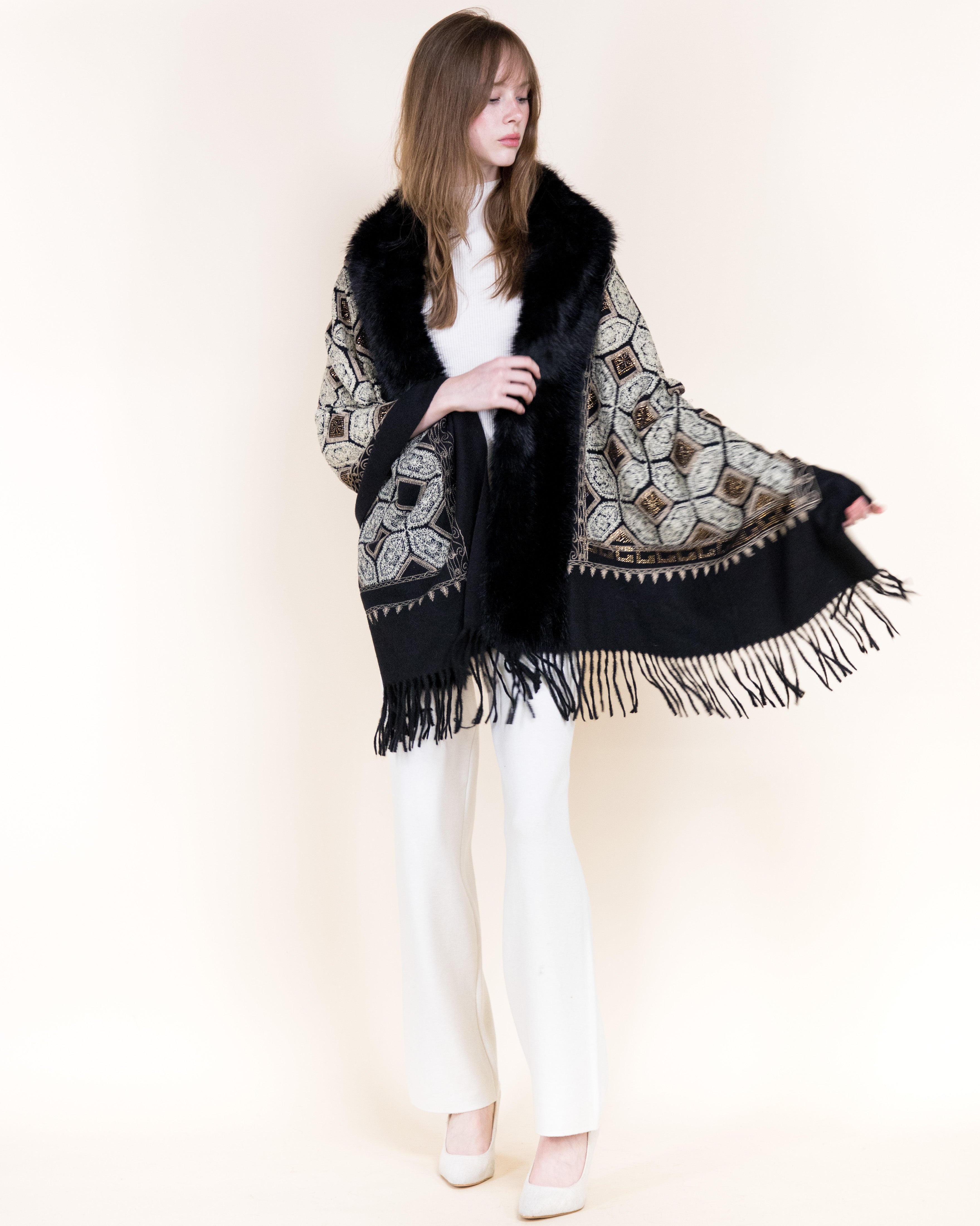 Embroidered Geo Tile Faux Fur Edge Scarf - BLACK (Pack of 6)