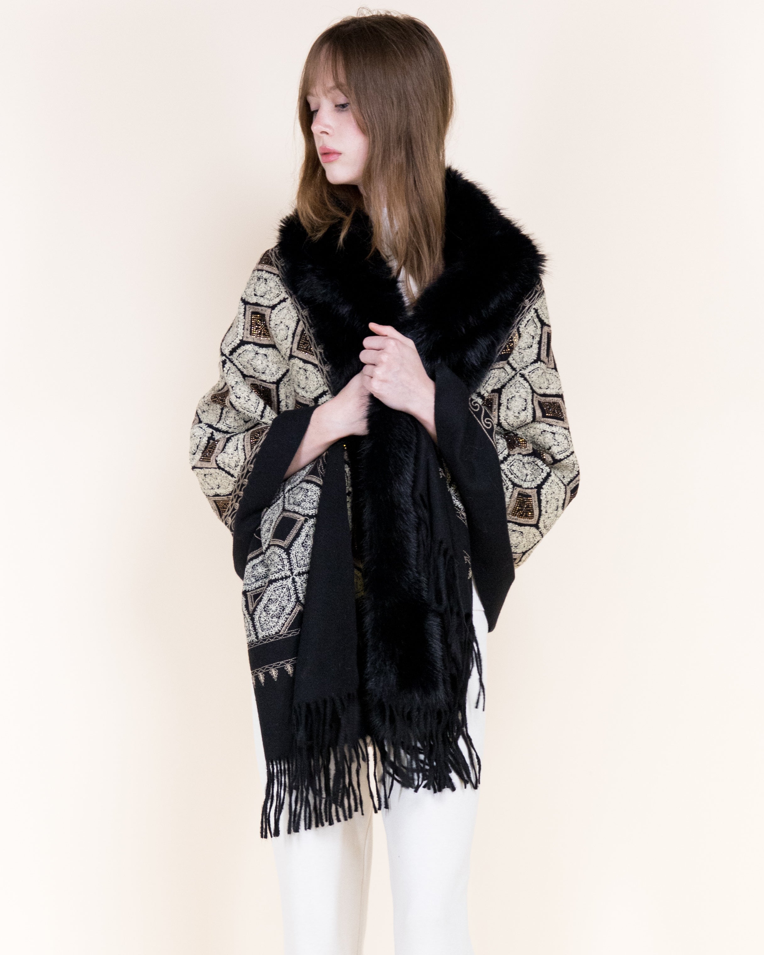 Embroidered Geo Tile Faux Fur Edge Scarf - BLACK (Pack of 6)