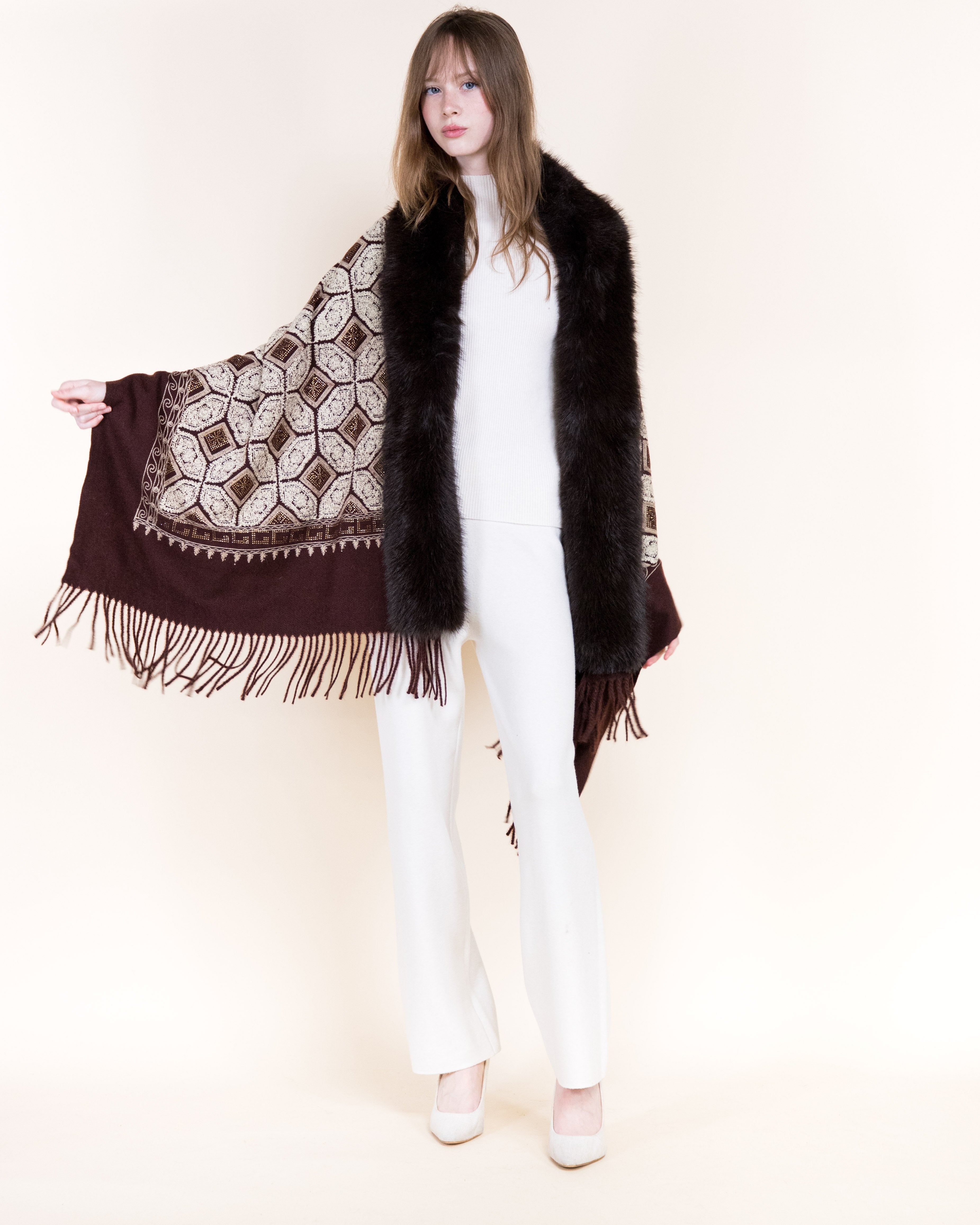 Embroidered Geo Tile Faux Fur Edge Scarf - BLACK (Pack of 6)