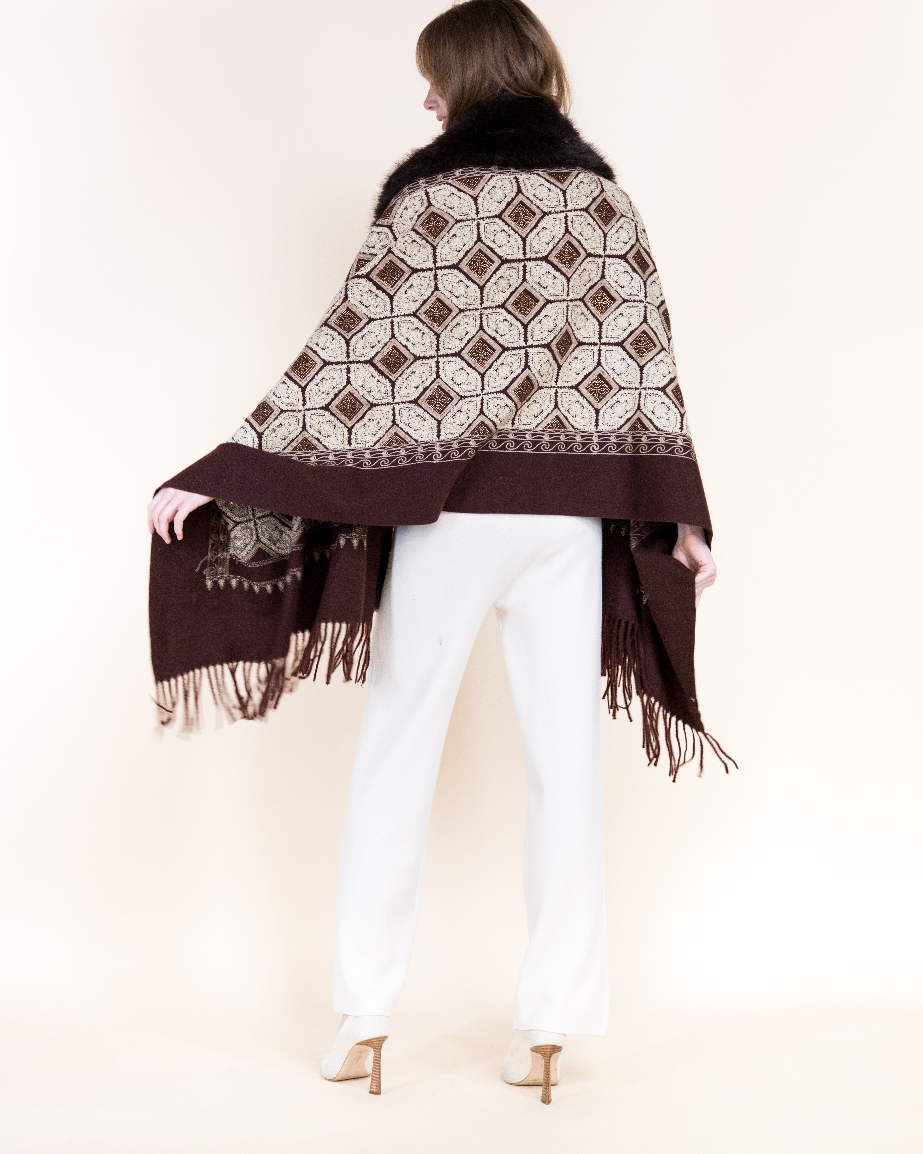 Embroidered Geo Tile Faux Fur Edge Scarf - BLACK (Pack of 6)