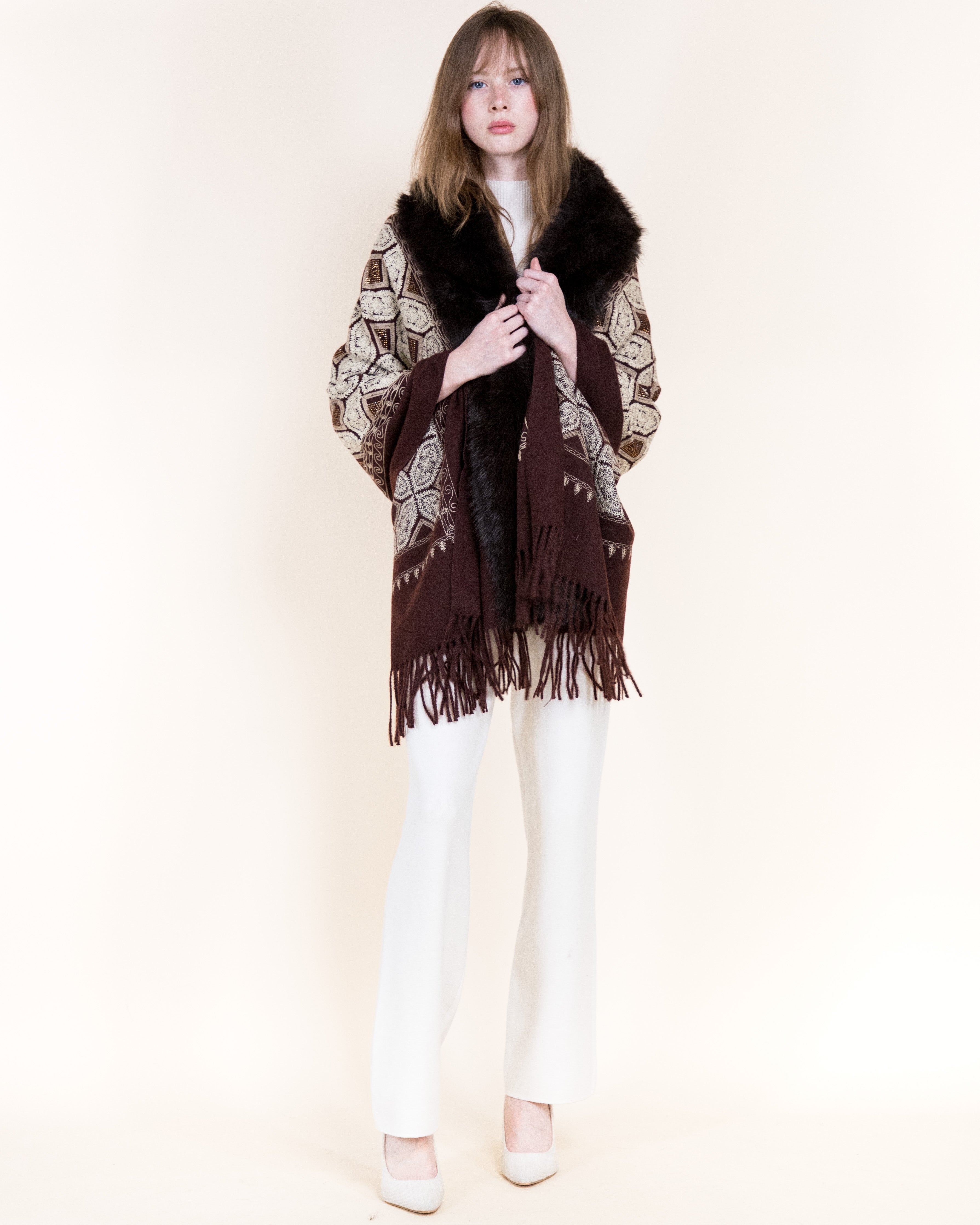Embroidered Geo Tile Faux Fur Edge Scarf - BLACK (Pack of 6)
