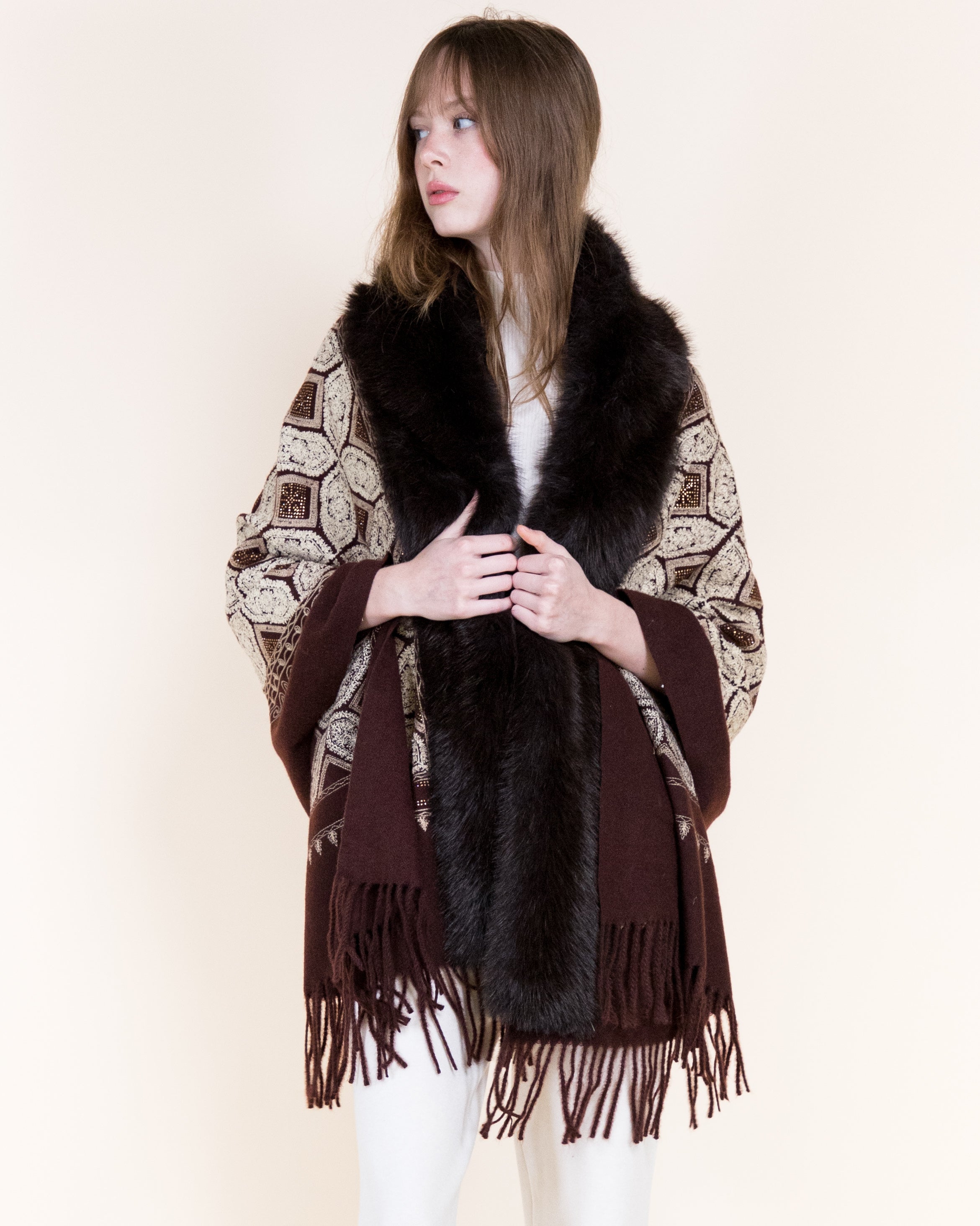 Embroidered Geo Tile Faux Fur Edge Scarf - BLACK (Pack of 6)
