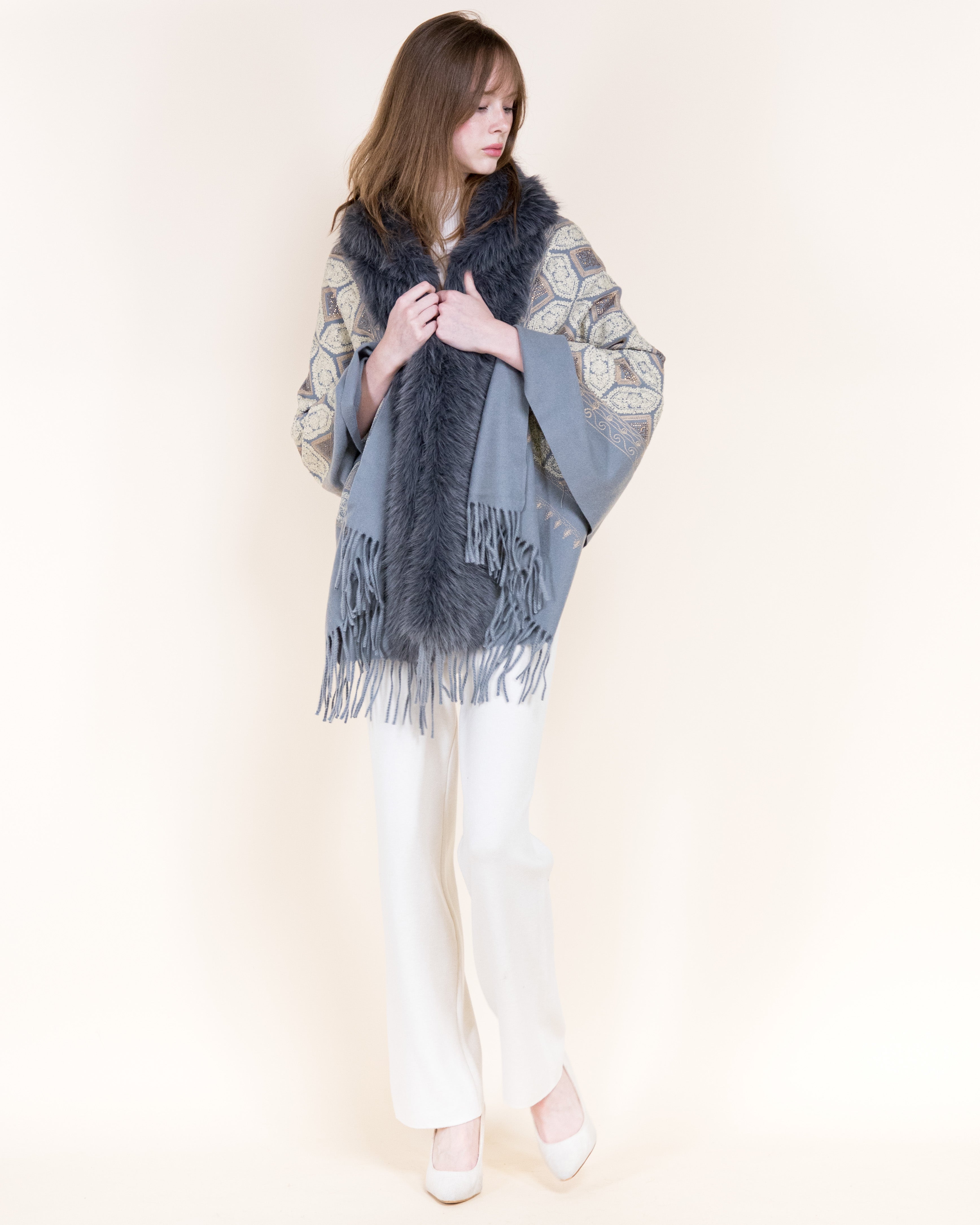 Embroidered Geo Tile Faux Fur Edge Scarf - BLACK (Pack of 6)