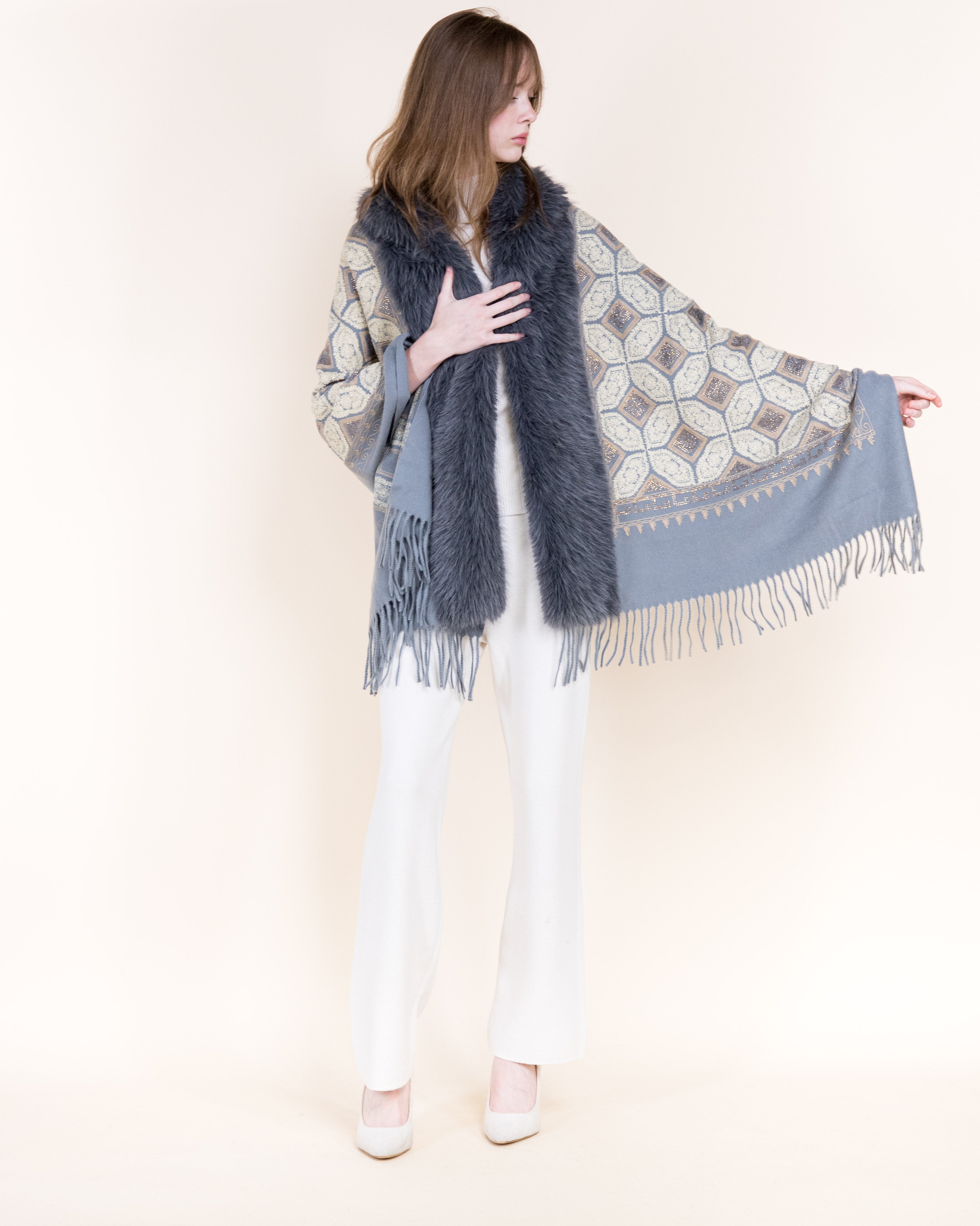 Embroidered Geo Tile Faux Fur Edge Scarf - BLACK (Pack of 6)