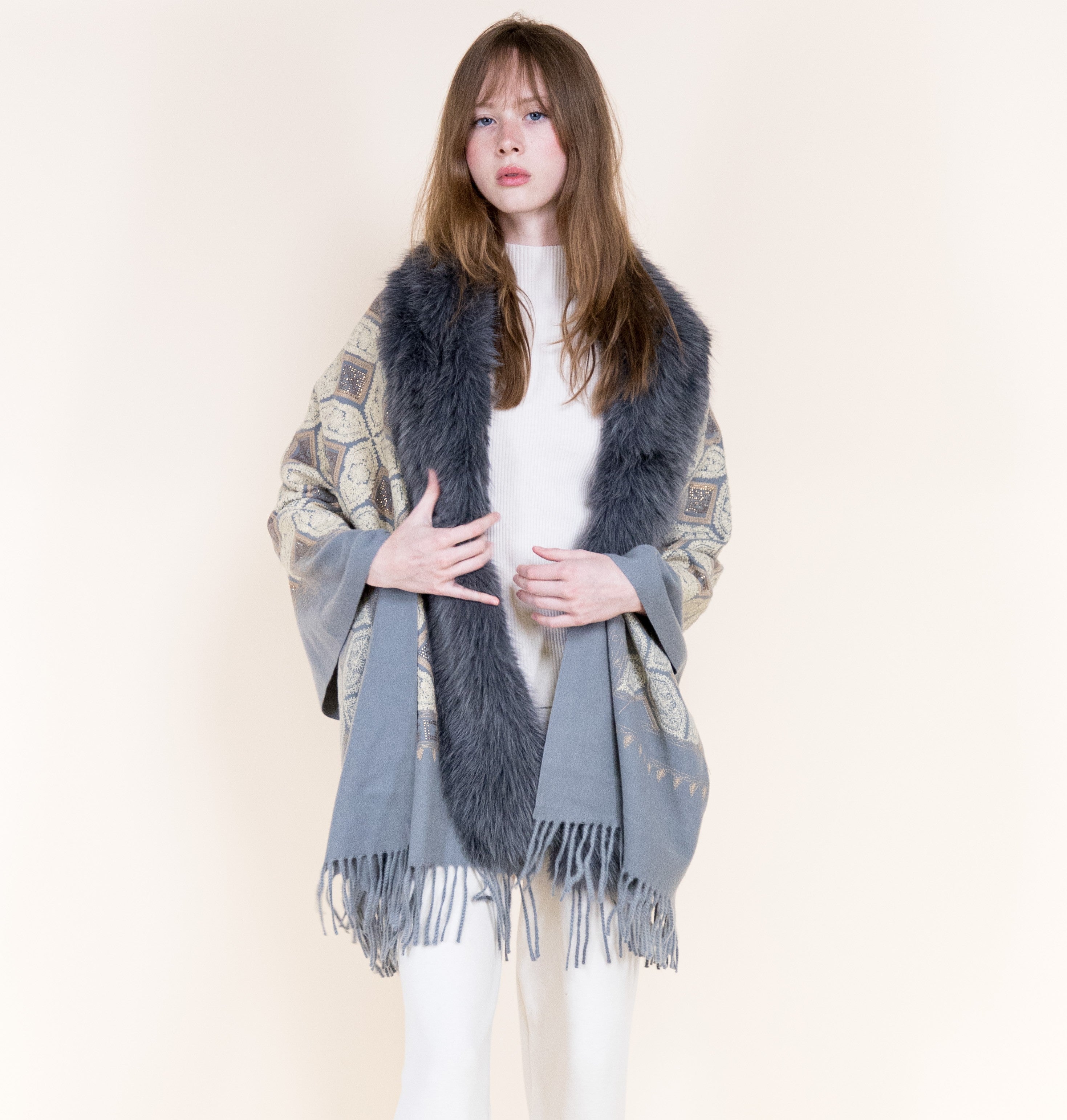 Embroidered Geo Tile Faux Fur Edge Scarf - BLACK (Pack of 6)