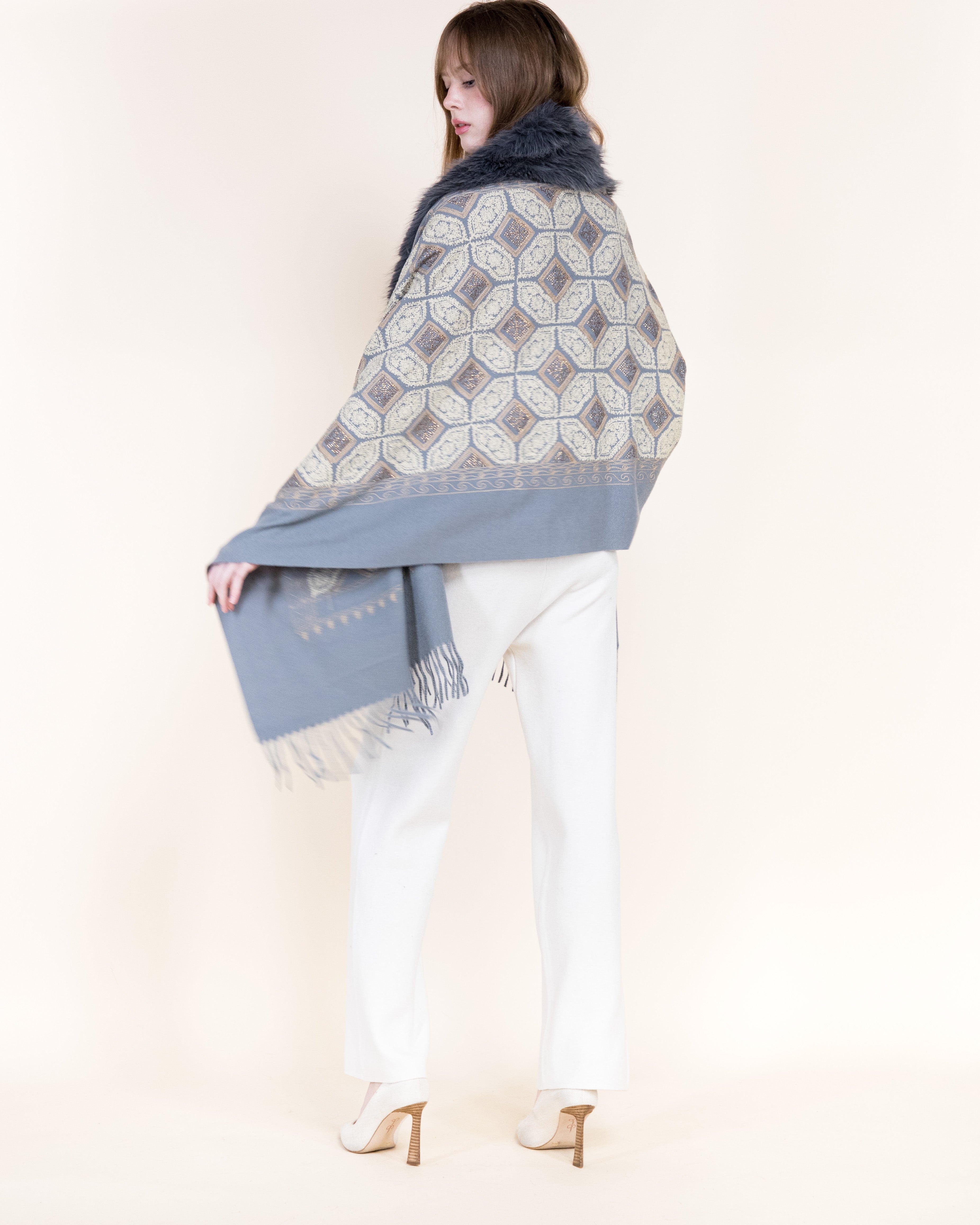 Embroidered Geo Tile Faux Fur Edge Scarf - BLACK (Pack of 6)