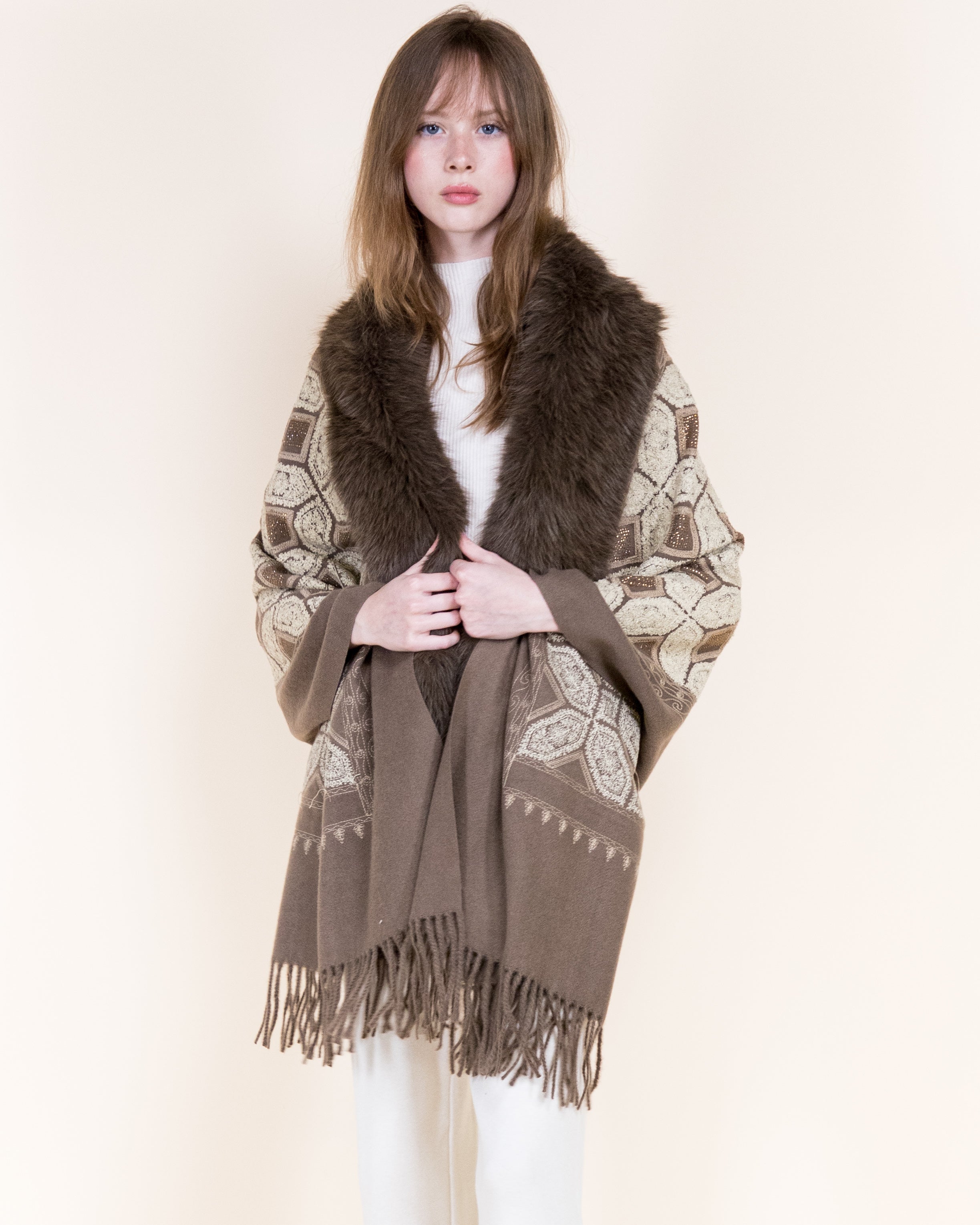 Embroidered Geo Tile Faux Fur Edge Scarf - BLACK (Pack of 6)