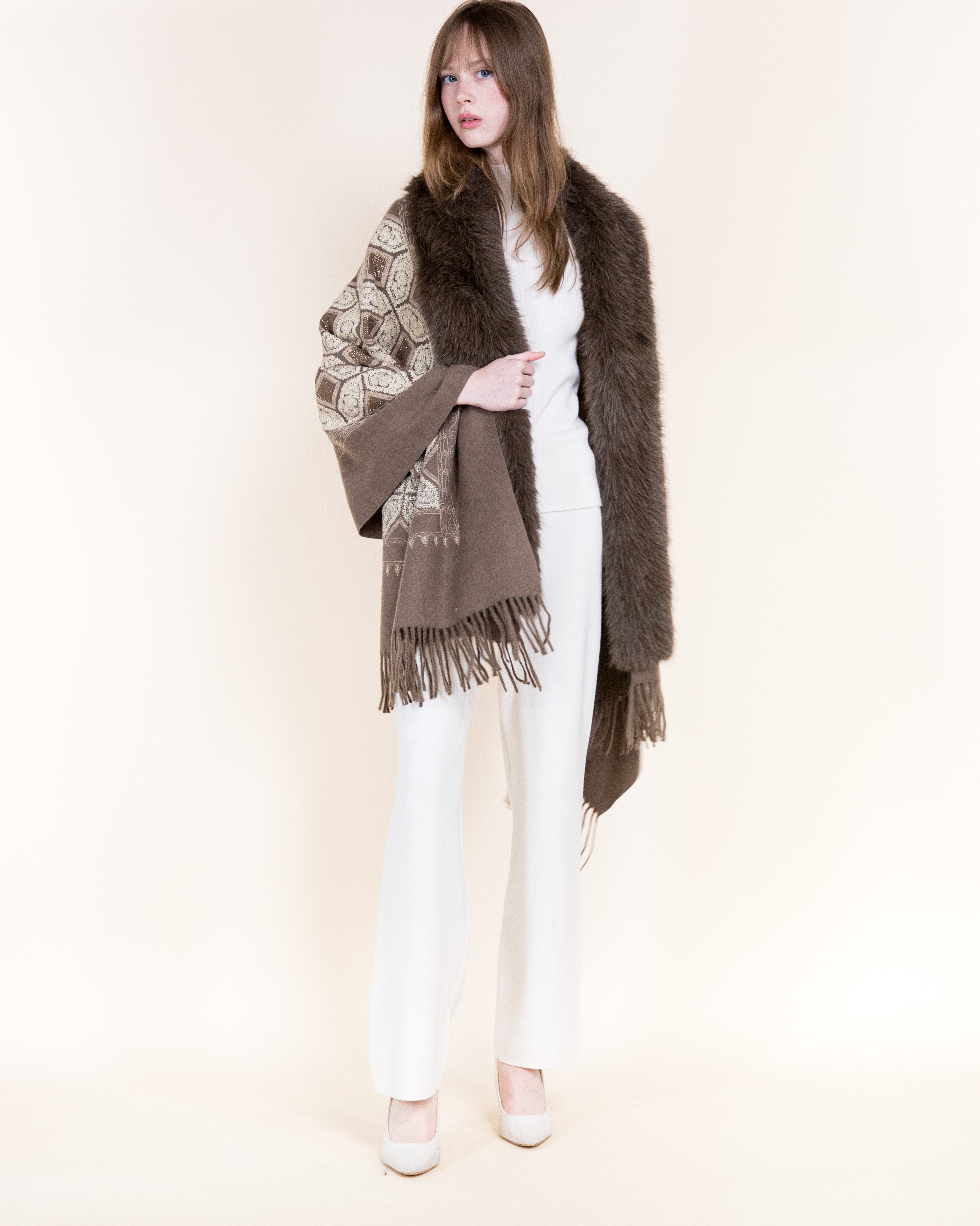 Embroidered Geo Tile Faux Fur Edge Scarf - BLACK (Pack of 6)