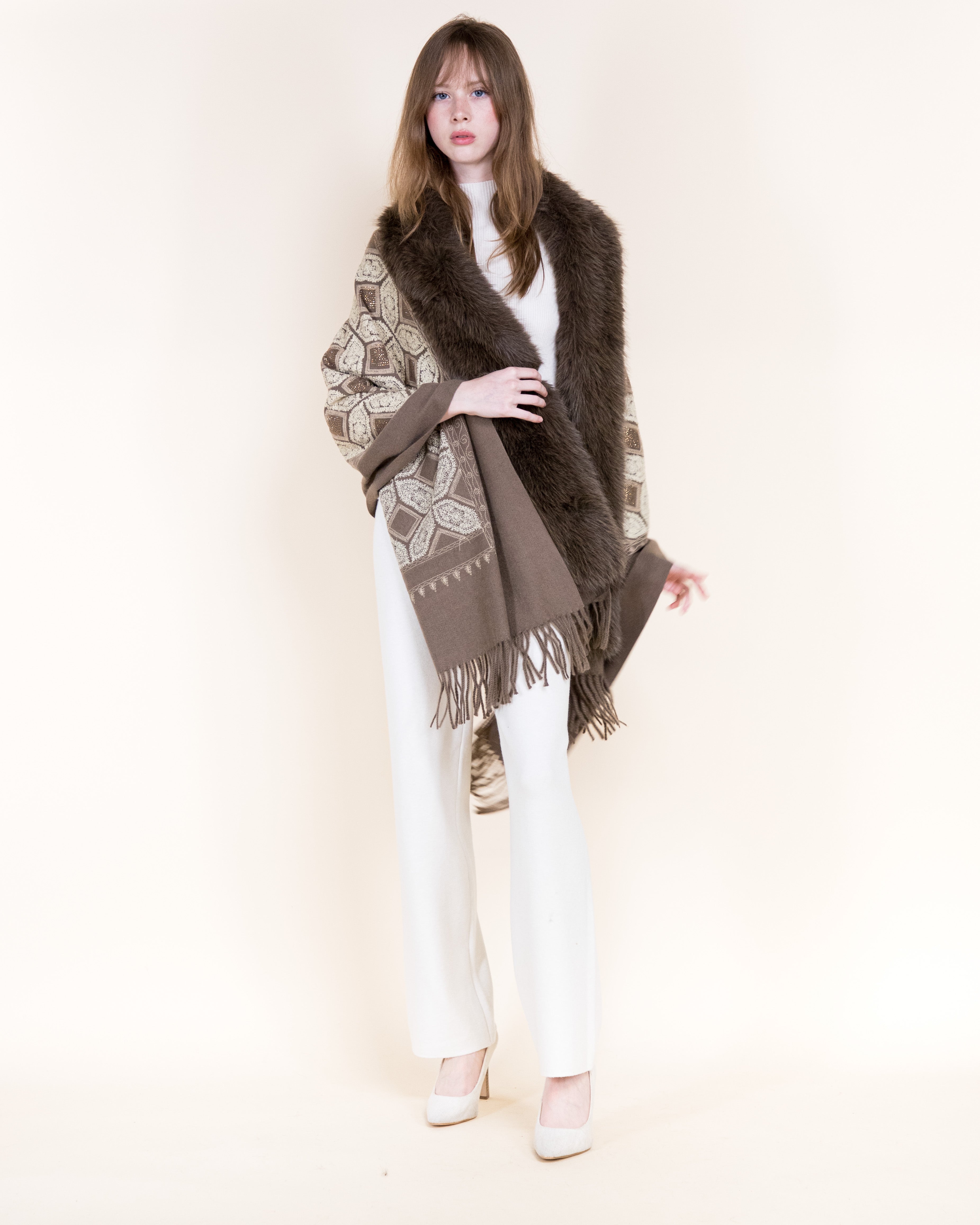 Embroidered Geo Tile Faux Fur Edge Scarf - BLACK (Pack of 6)